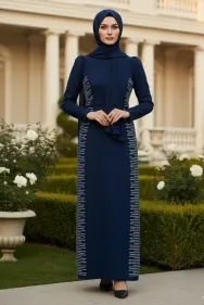Navy Blue Stone Detailed Evening Dress