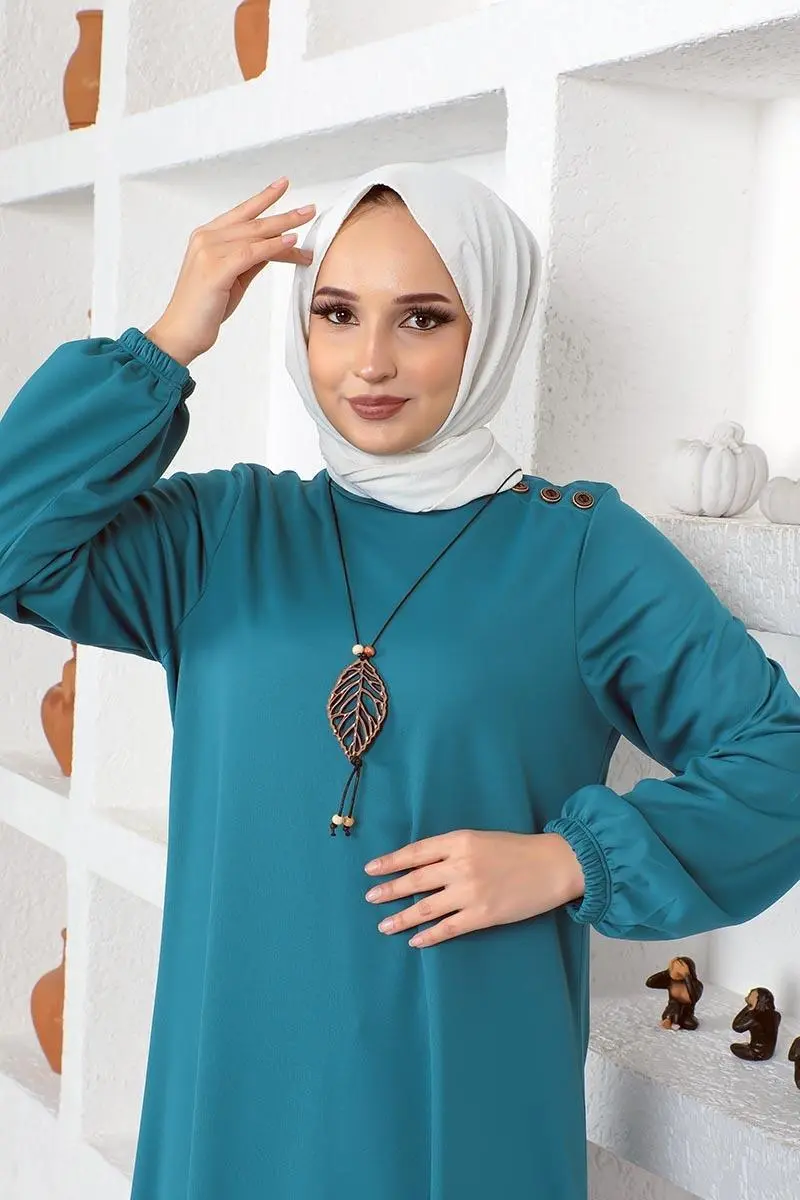 Necklace Crew-neck Modest Dress 2041mg Petrol Blue-detail