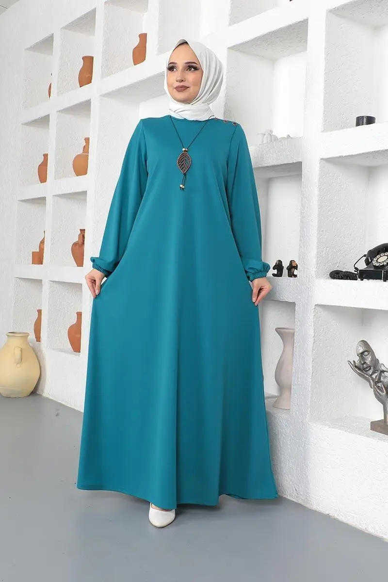 Necklace Crew-neck Modest Dress 2041mg Petrol Blue-detail