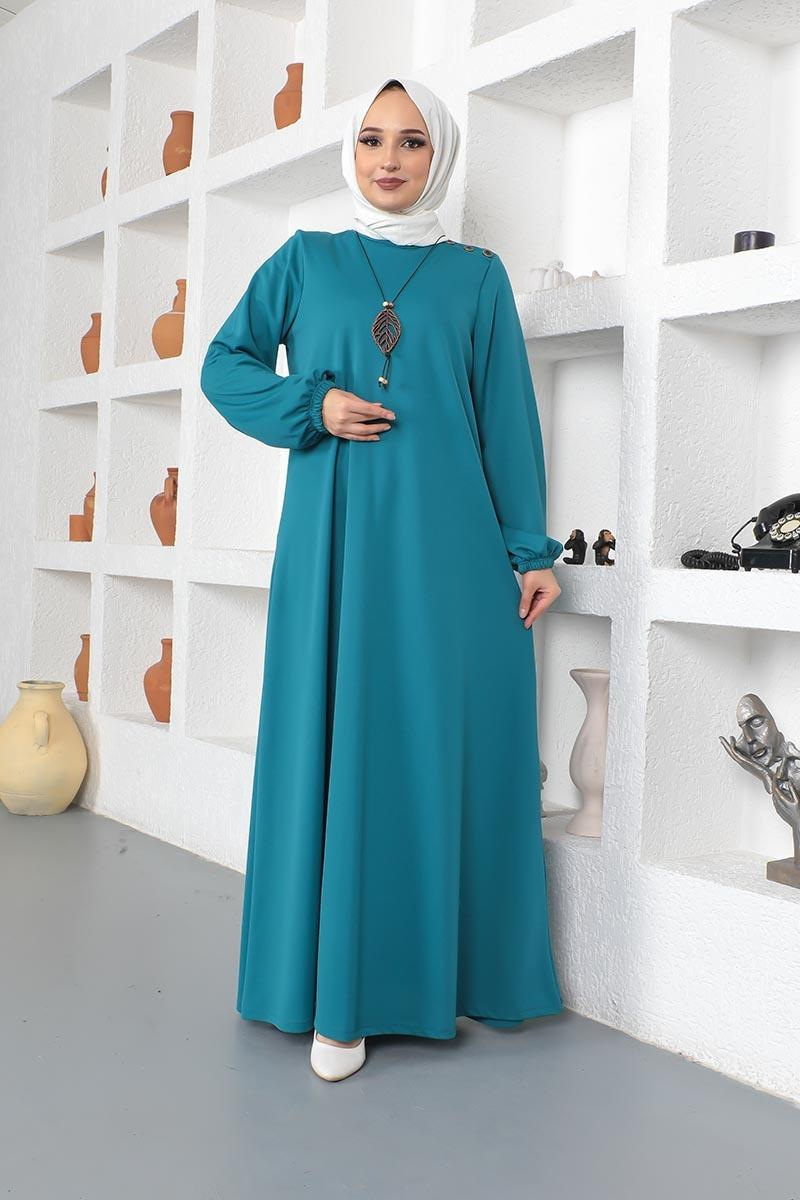 Necklace Crew-neck Modest Dress 2041mg Petrol Blue