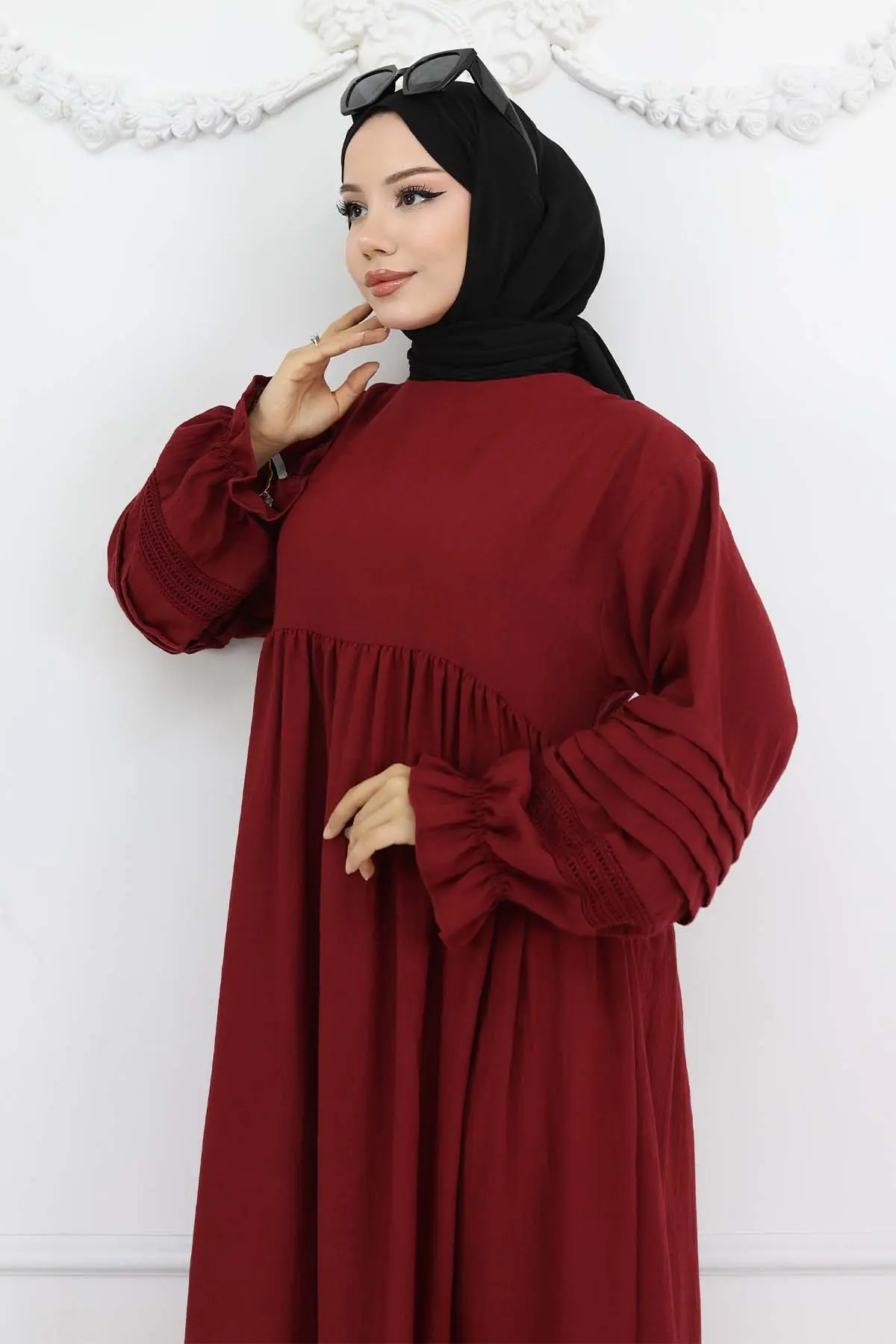 Nervür Detaylı Tesettür Elbise Bordo 2207-detail