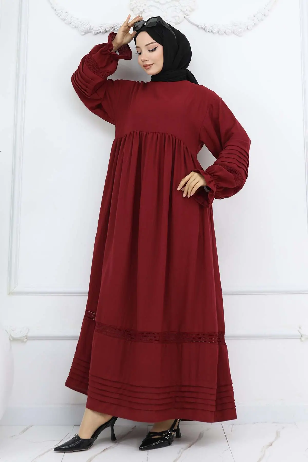 Nervür Detaylı Tesettür Elbise Bordo 2207-detail