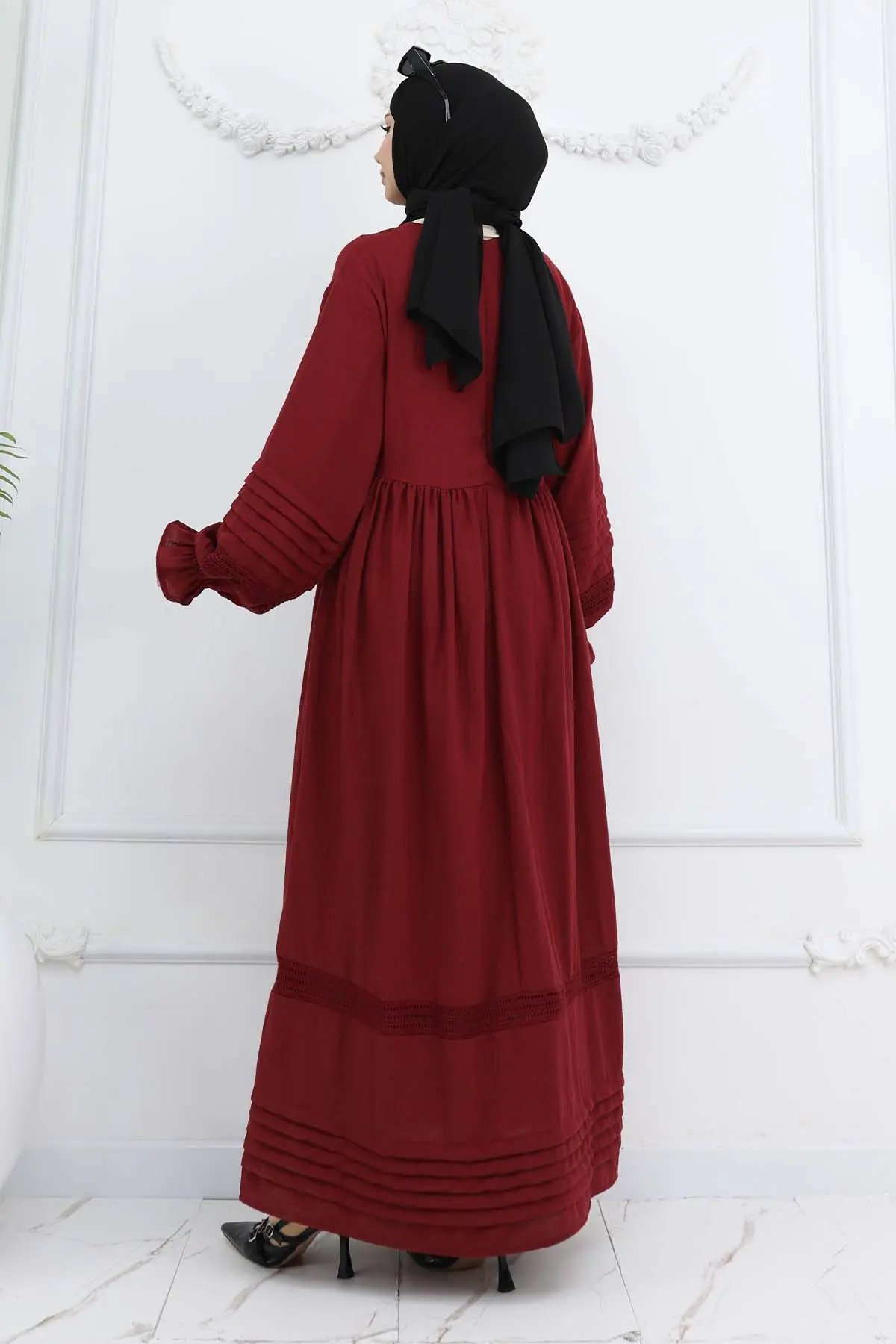 Nervür Detaylı Tesettür Elbise Bordo 2207-detail