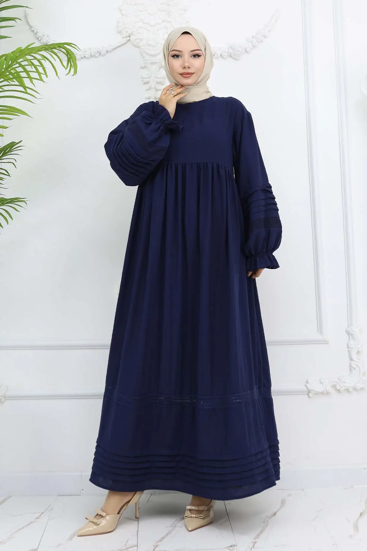 Nervür Detaylı Tesettür Elbise Lacivert 2207-detail