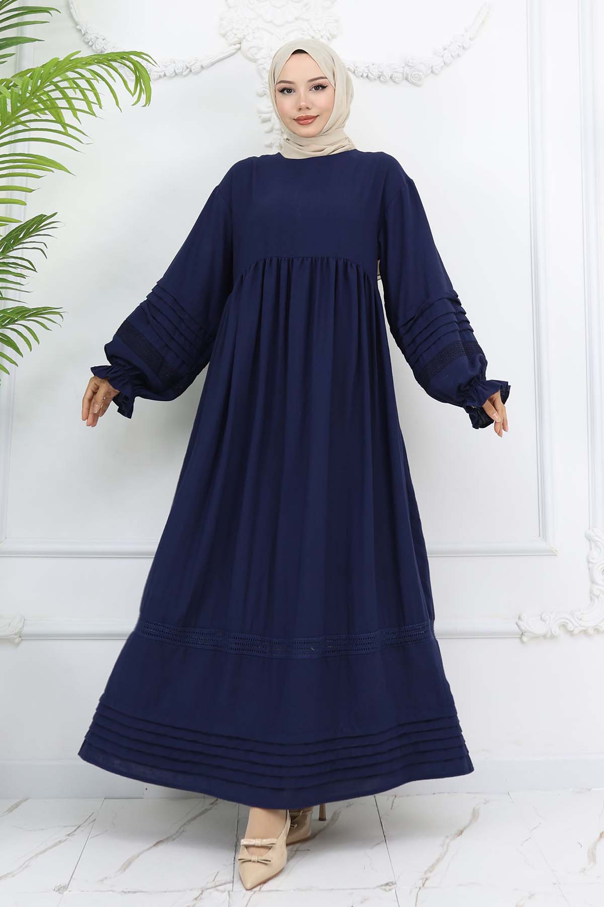 Nervür Detaylı Tesettür Elbise Lacivert 2207