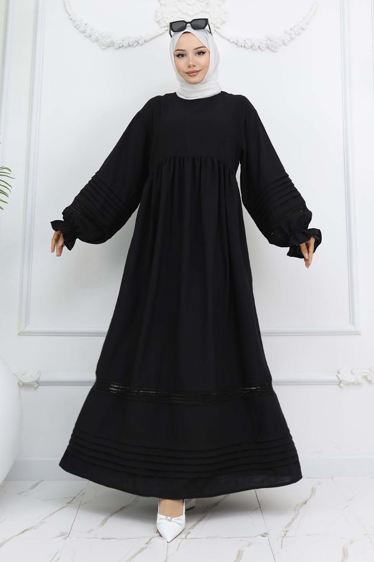 Nervür Detaylı Tesettür Elbise Siyah 2207