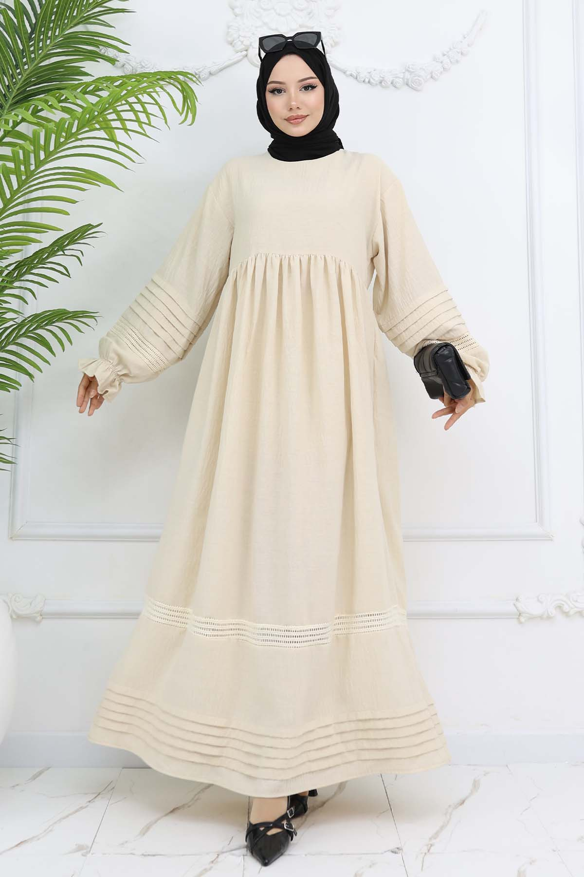 Nervür Detaylı Tesettür Elbise Taş Rengi 2207