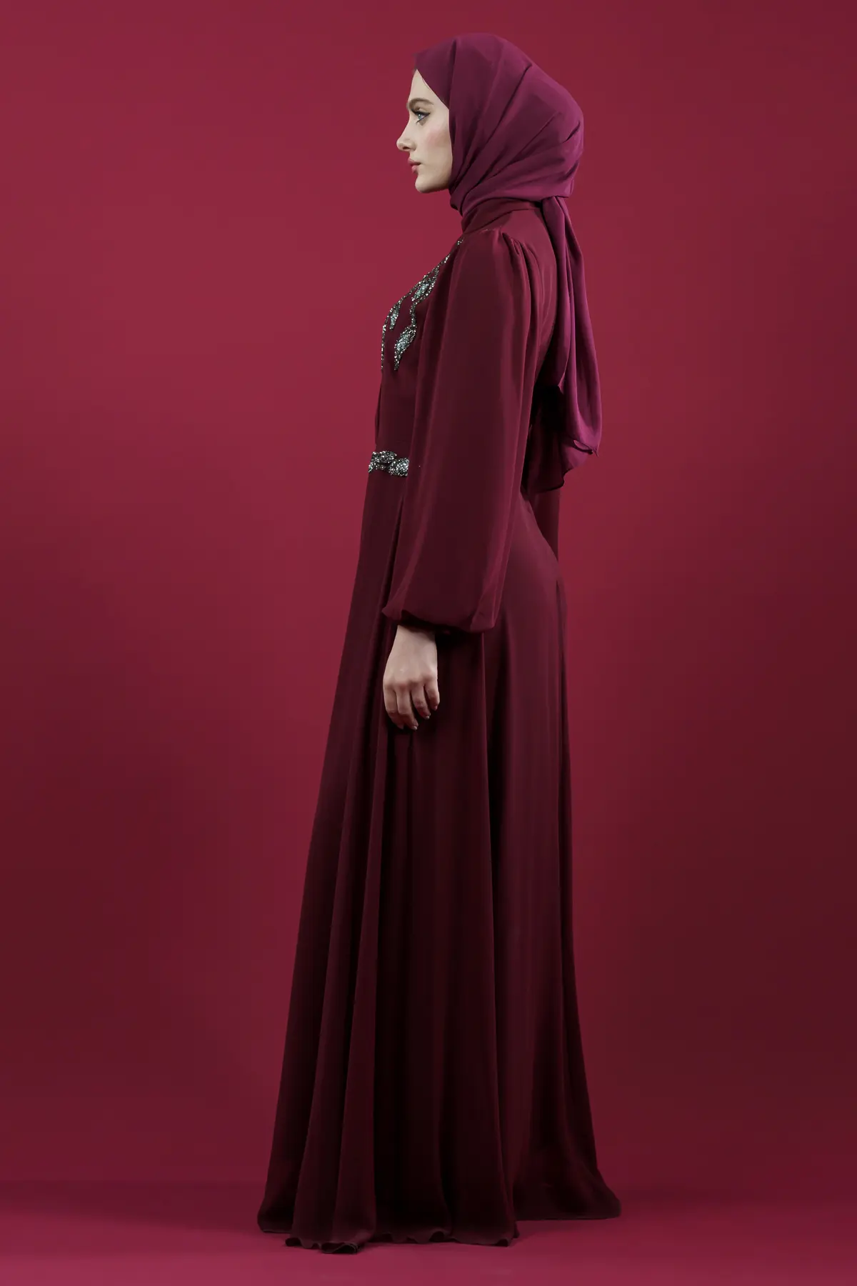 New Claret Red Evening Dress-detail