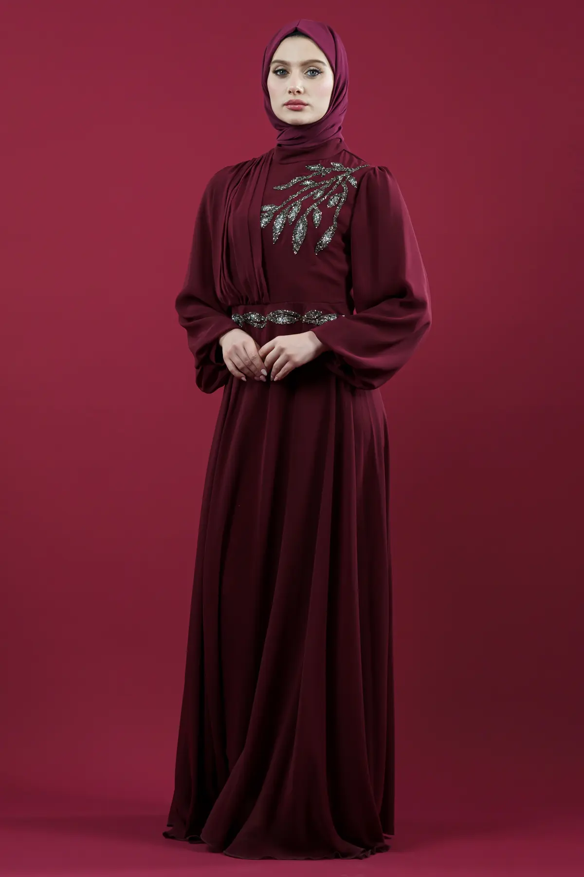 New Claret Red Evening Dress-detail