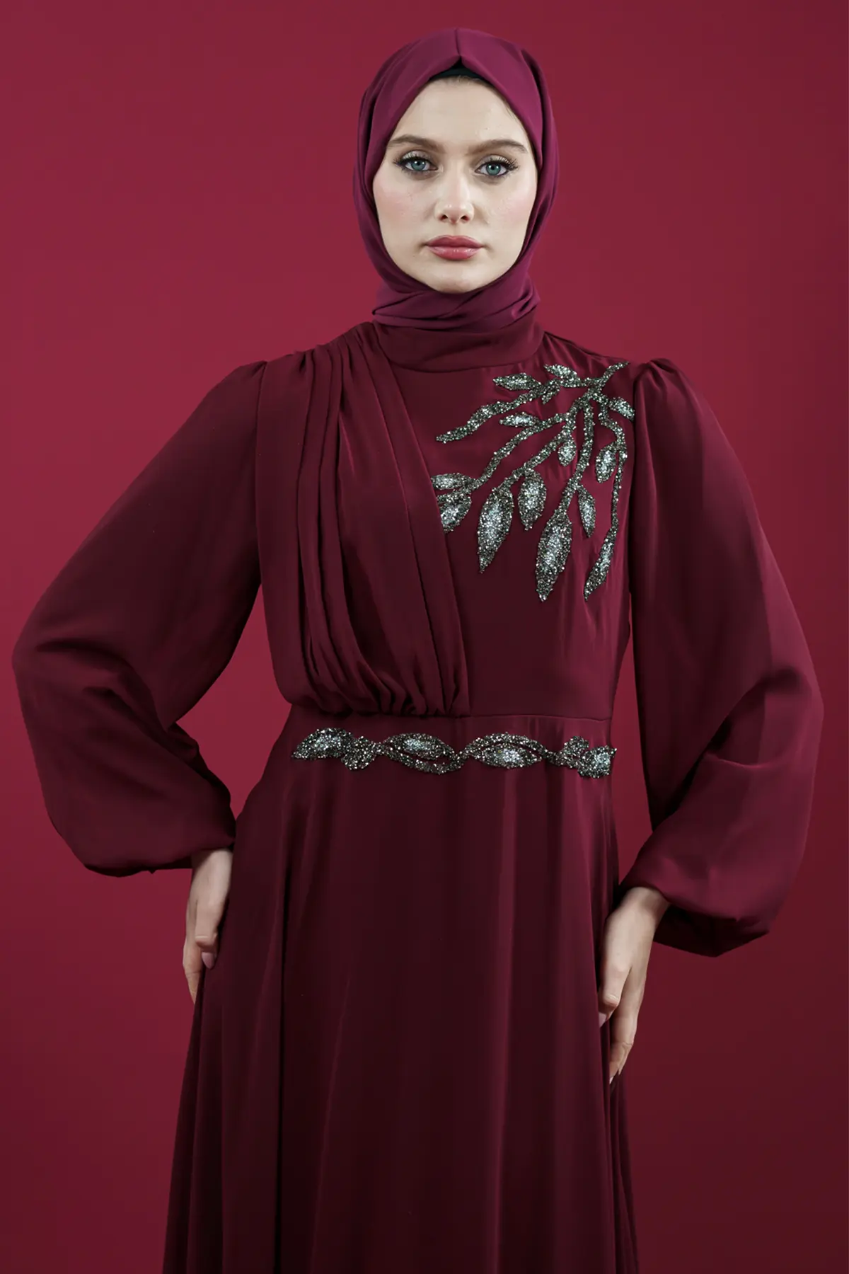 New Claret Red Evening Dress-detail