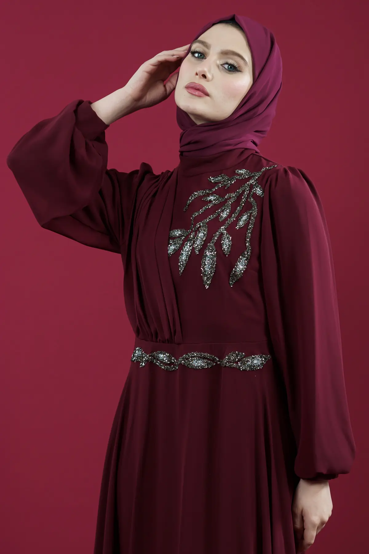 New Claret Red Evening Dress-detail