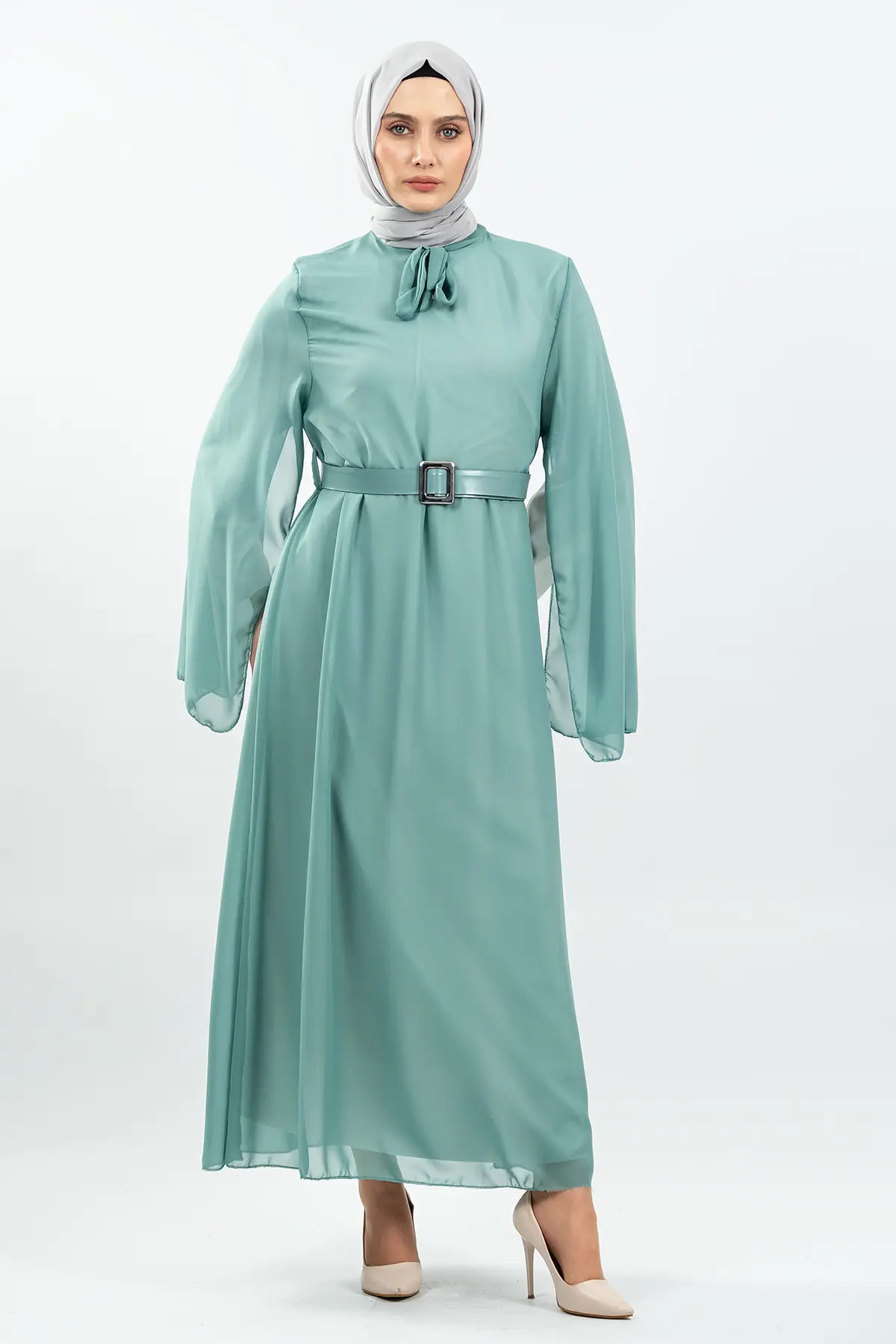 New Season Bat Sleeve Mint Hijab Dress-detail