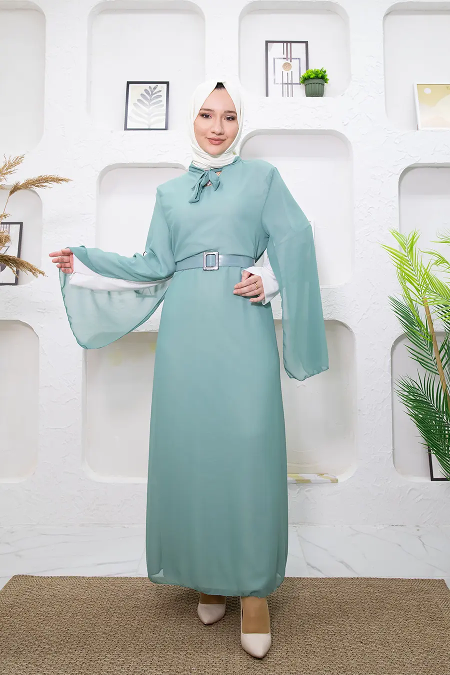 New Season Bat Sleeve Mint Hijab Dress