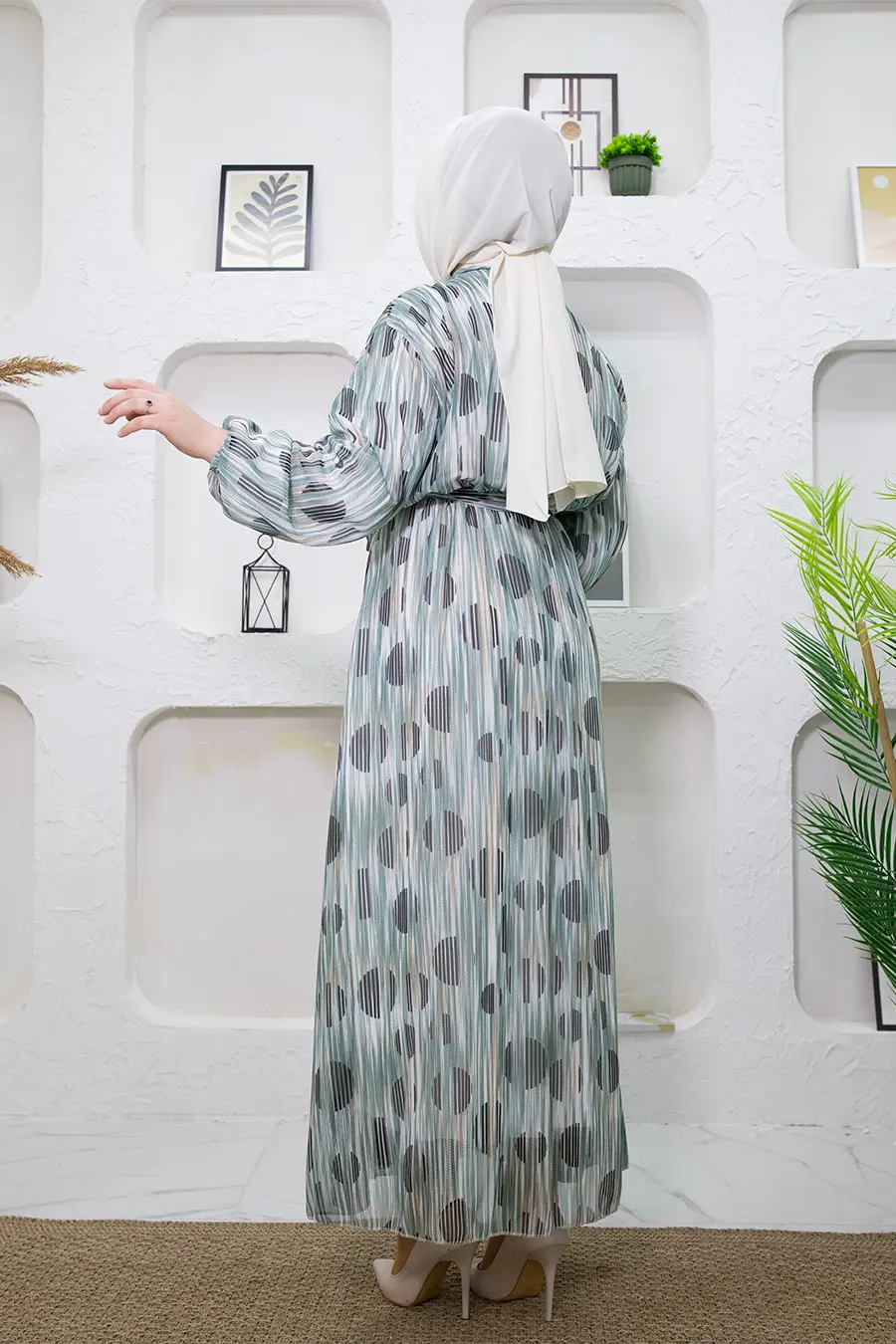 New Season Stripe Patterned Green Hijab Dress-detail