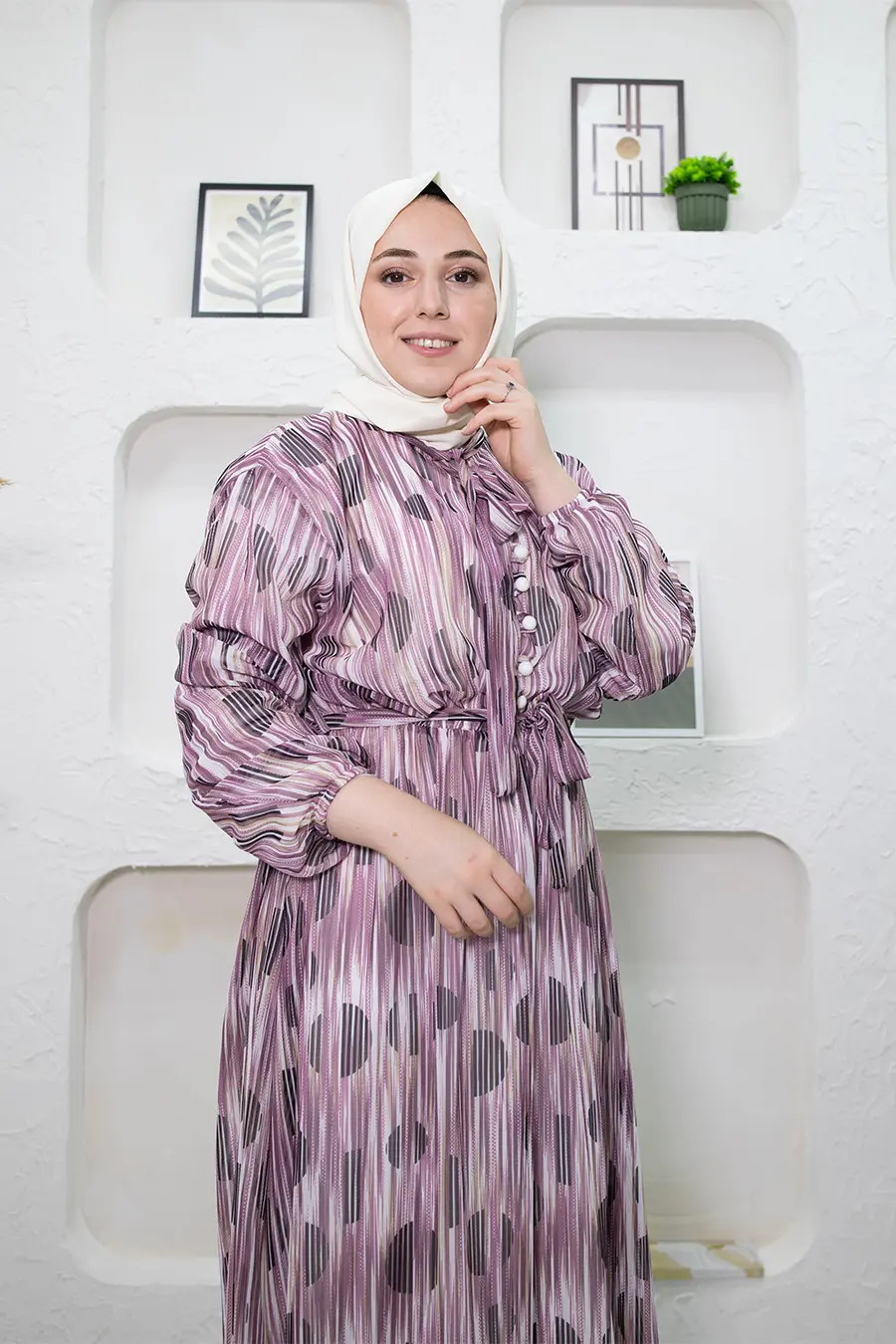 New Season Stripe Patterned Purple Hijab Dress-detail