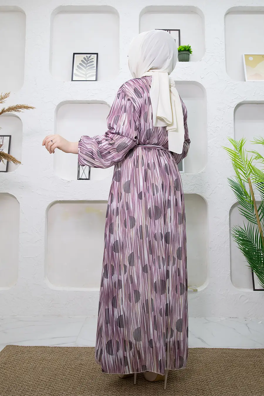 New Season Stripe Patterned Purple Hijab Dress-detail