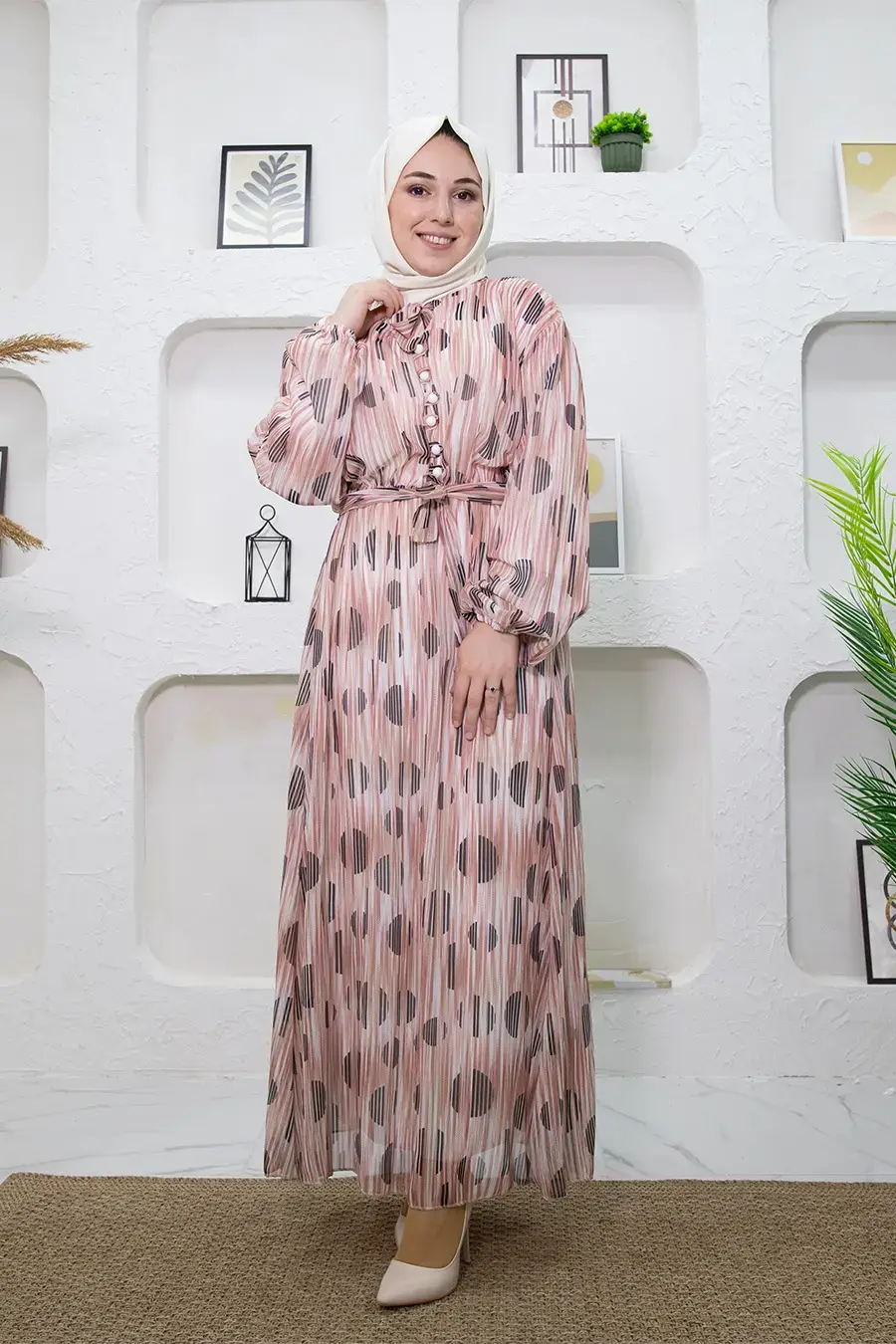 New Season Stripe Patterned Rose Hijab Dress