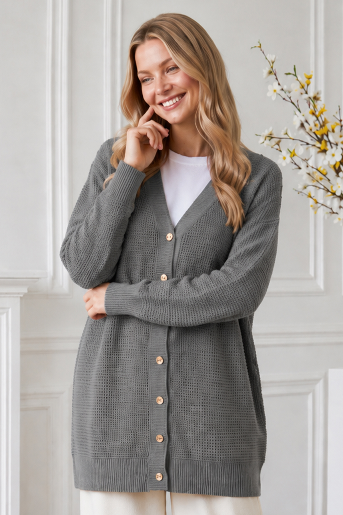 Openwork Mercerized Knit Cardigan N3340 Grey