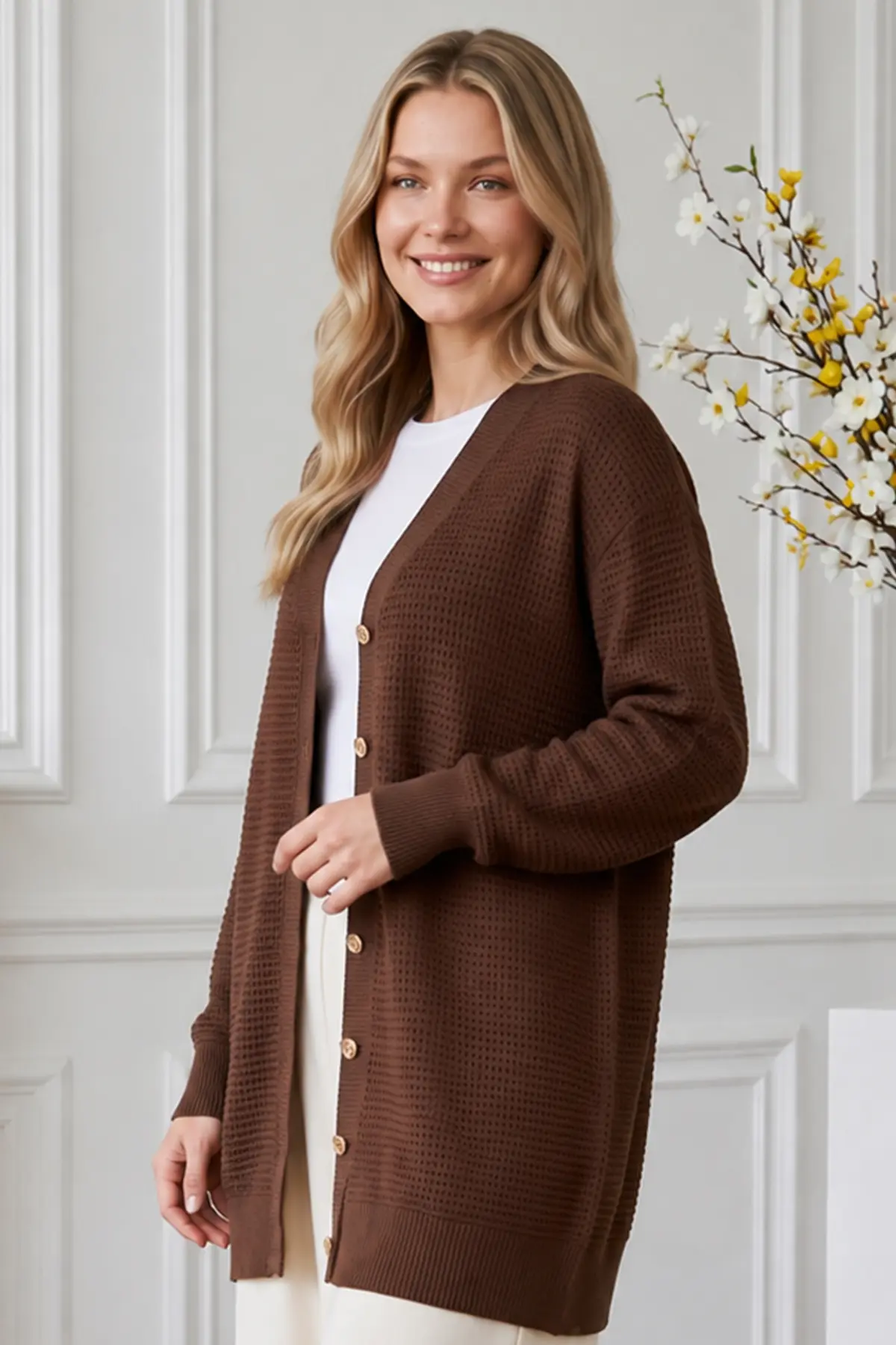 Openwork Mercerized Knit Cardigan N3340 Mink-detail
