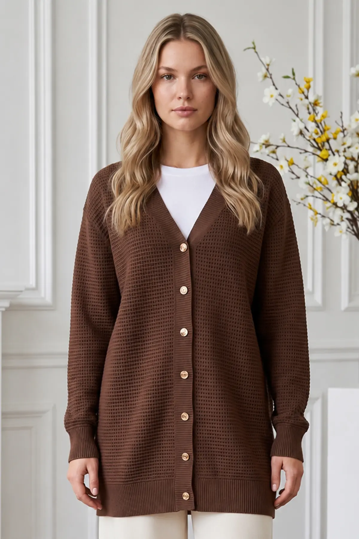 Openwork Mercerized Knit Cardigan N3340 Mink-detail