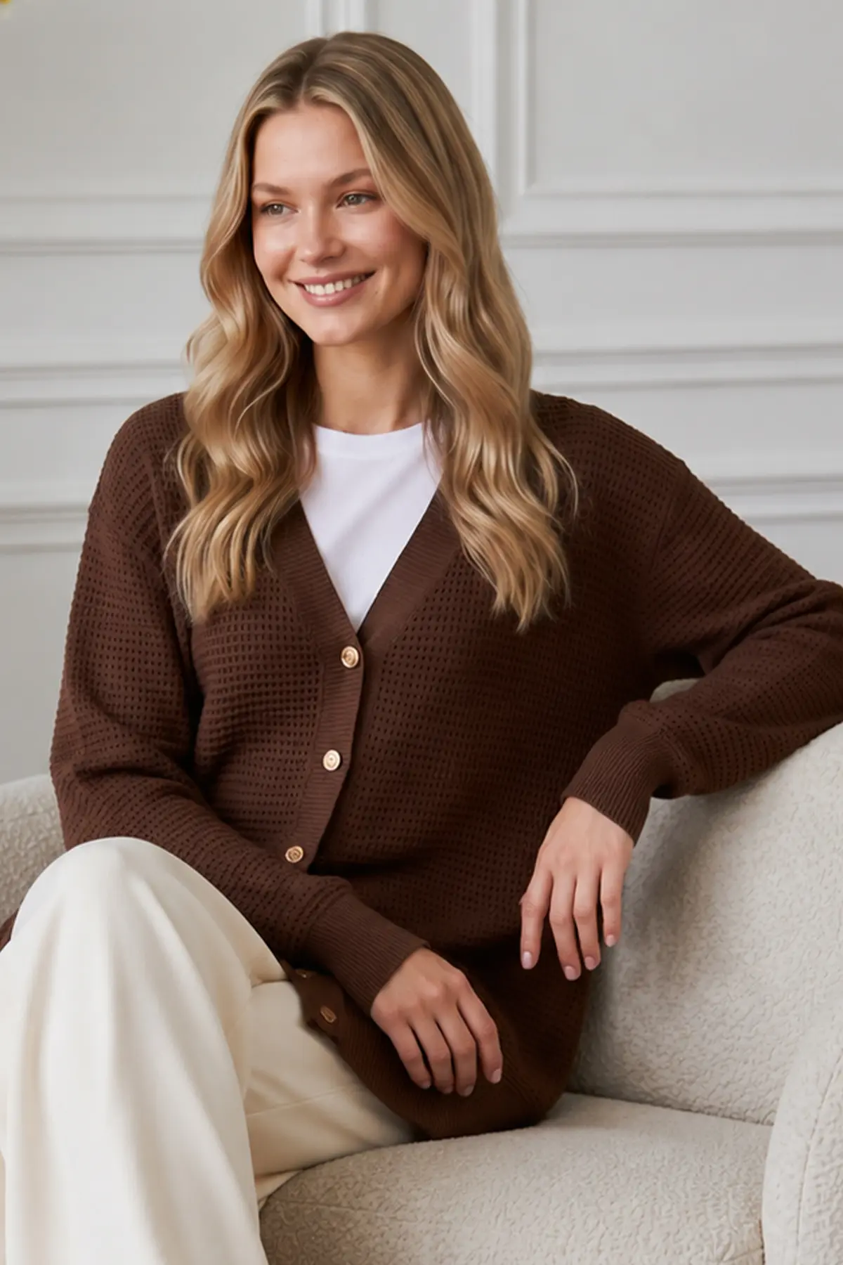 Openwork Mercerized Knit Cardigan N3340 Mink-detail