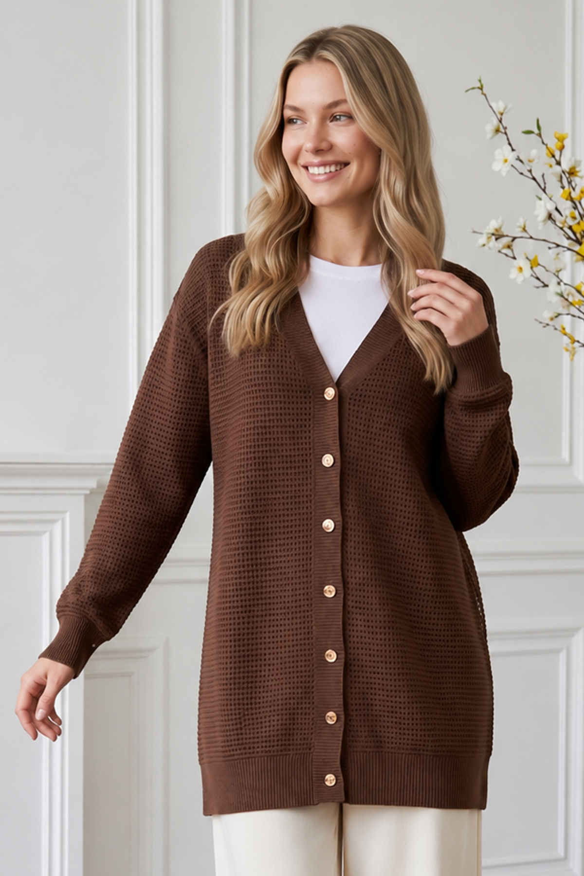 Openwork Mercerized Knit Cardigan N3340 Mink