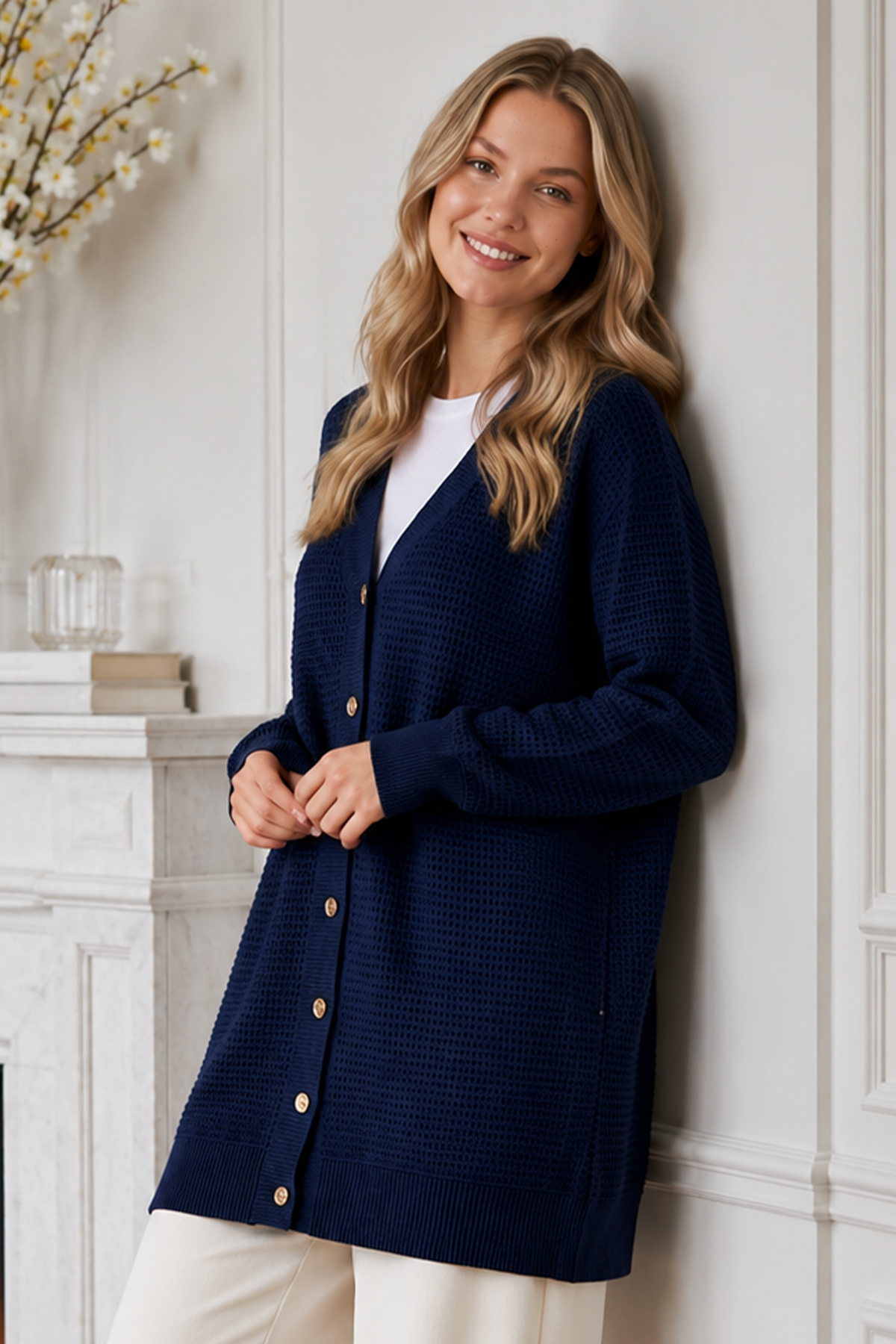 Openwork Mercerized Knit Cardigan N3340 Navy Blue