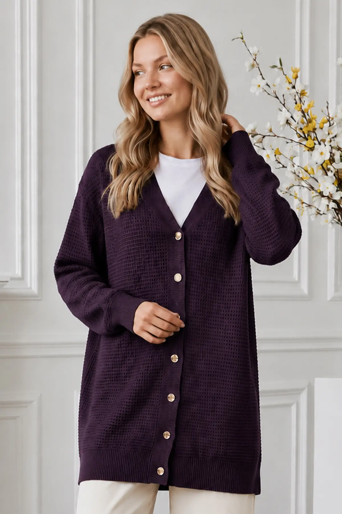 Openwork Mercerized Knit Cardigan N3340 Plum-detail