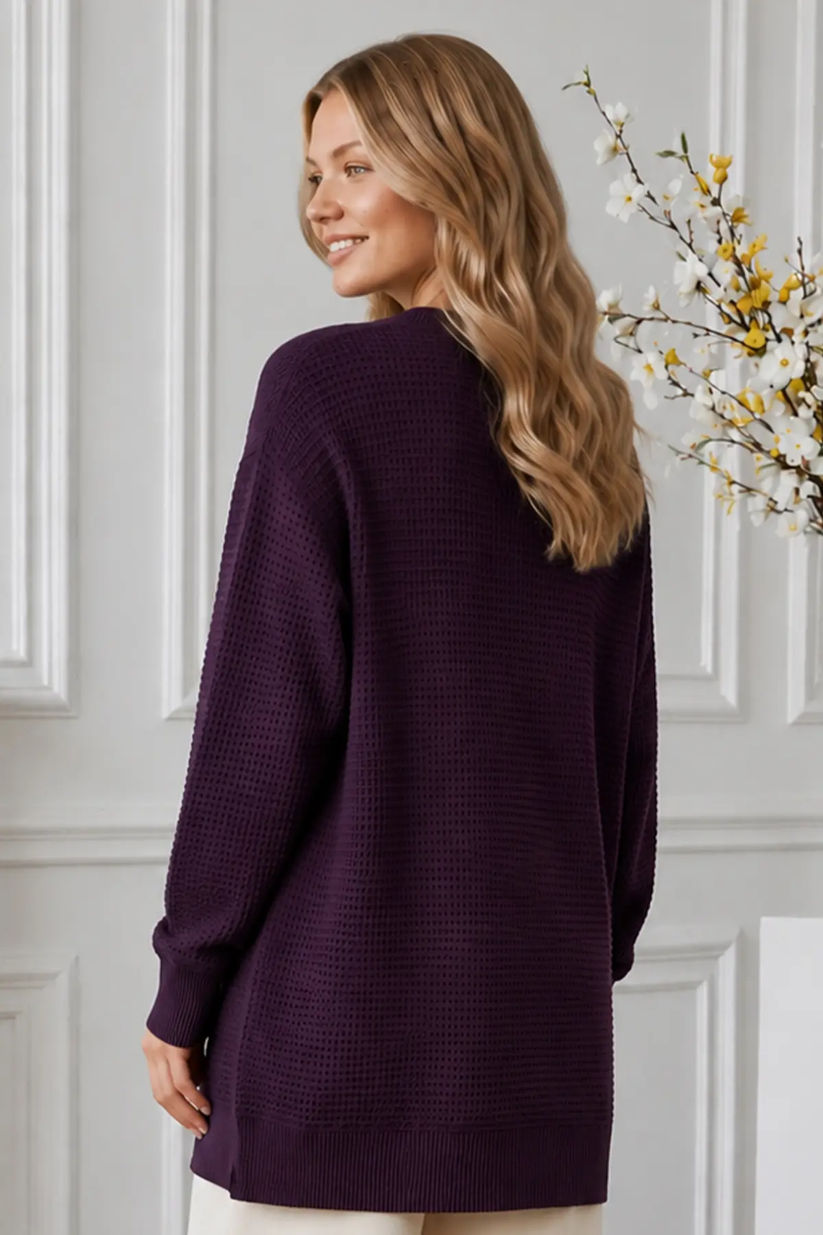 Openwork Mercerized Knit Cardigan N3340 Plum-detail