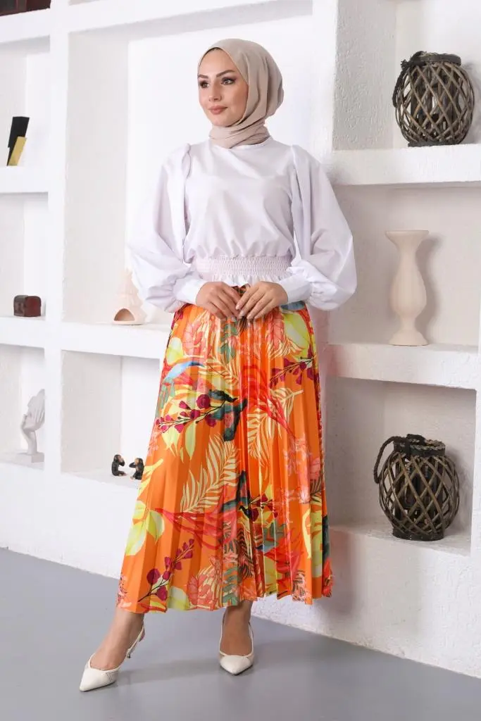 Orange Patterned Hijab Pleated Skirt-detail