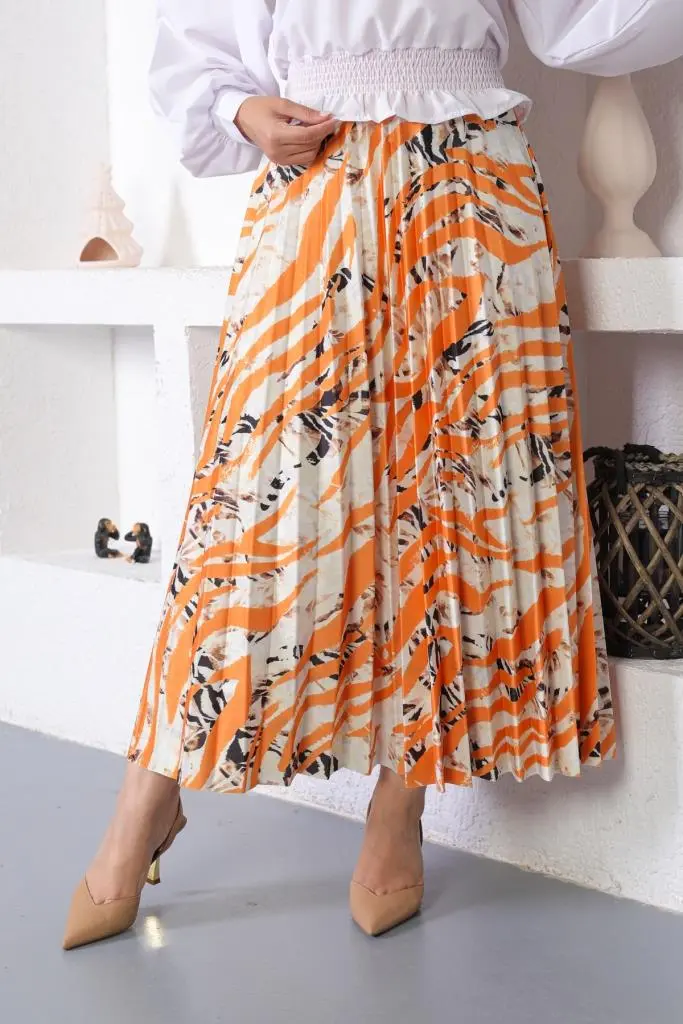 Orange Patterned Hijab Pleated Skirt-detail