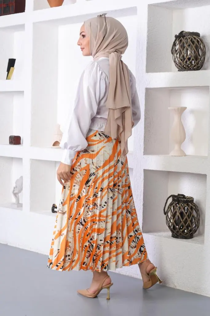 Orange Patterned Hijab Pleated Skirt-detail