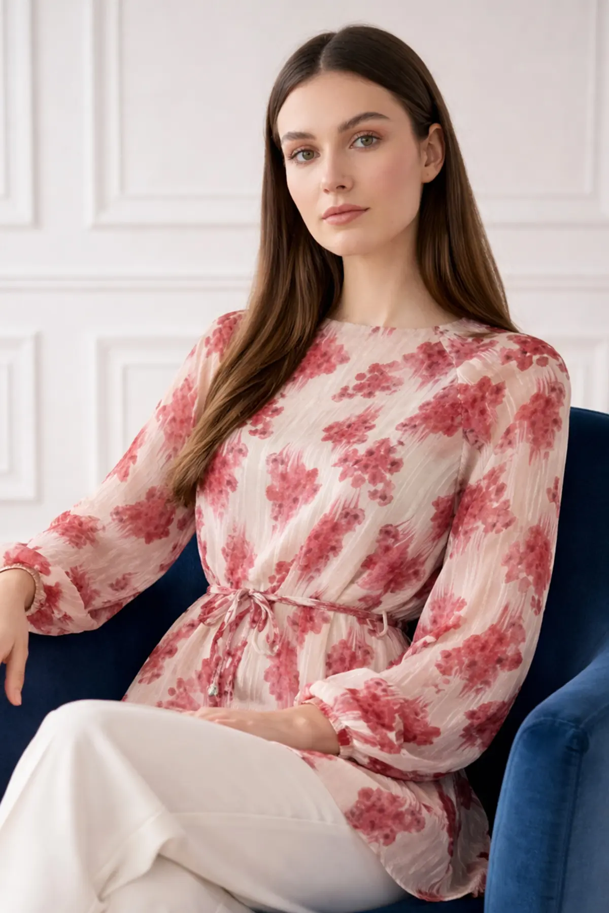 Patterned Balloon Sleeve Chiffon Shirt-detail