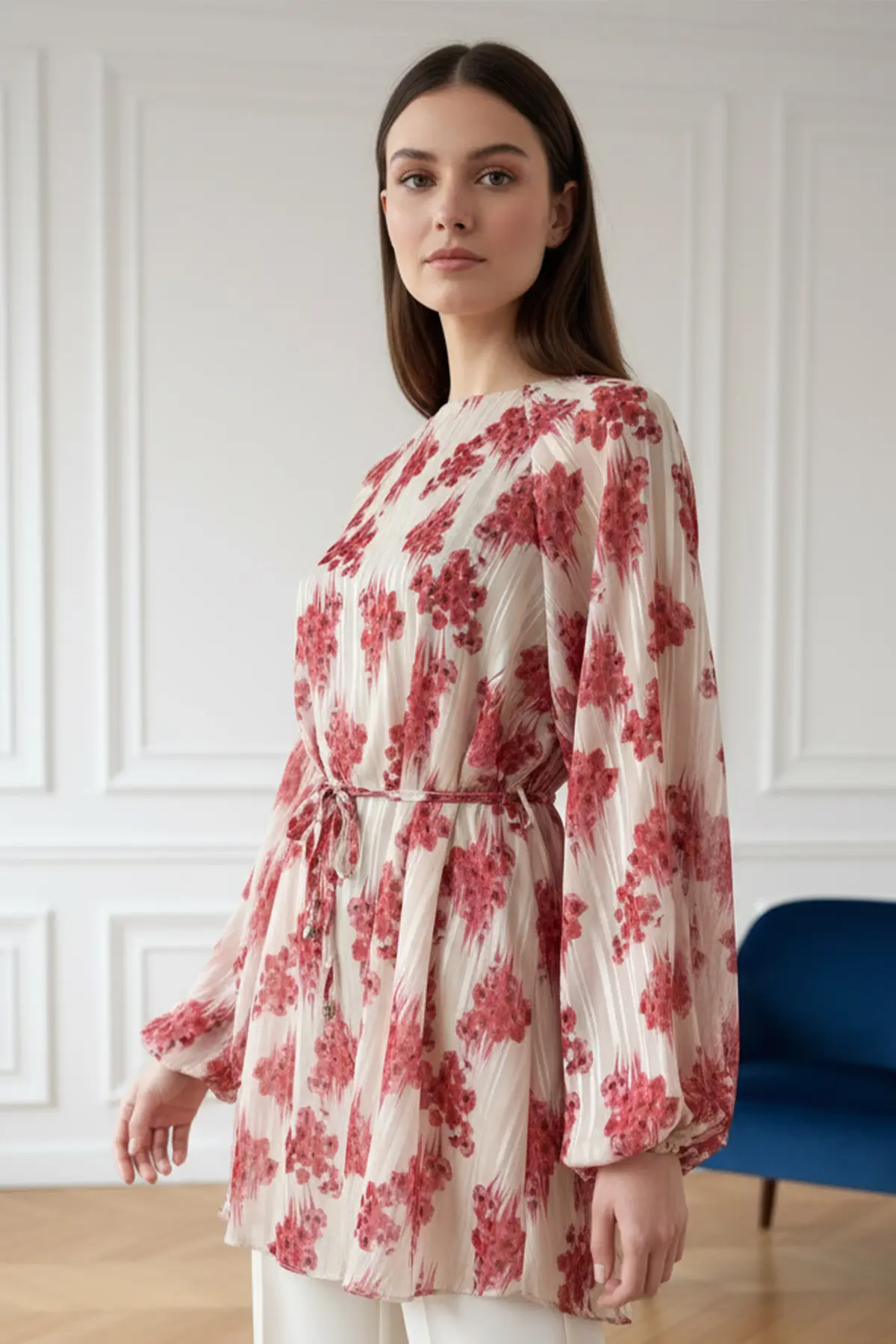 Patterned Balloon Sleeve Chiffon Shirt-detail