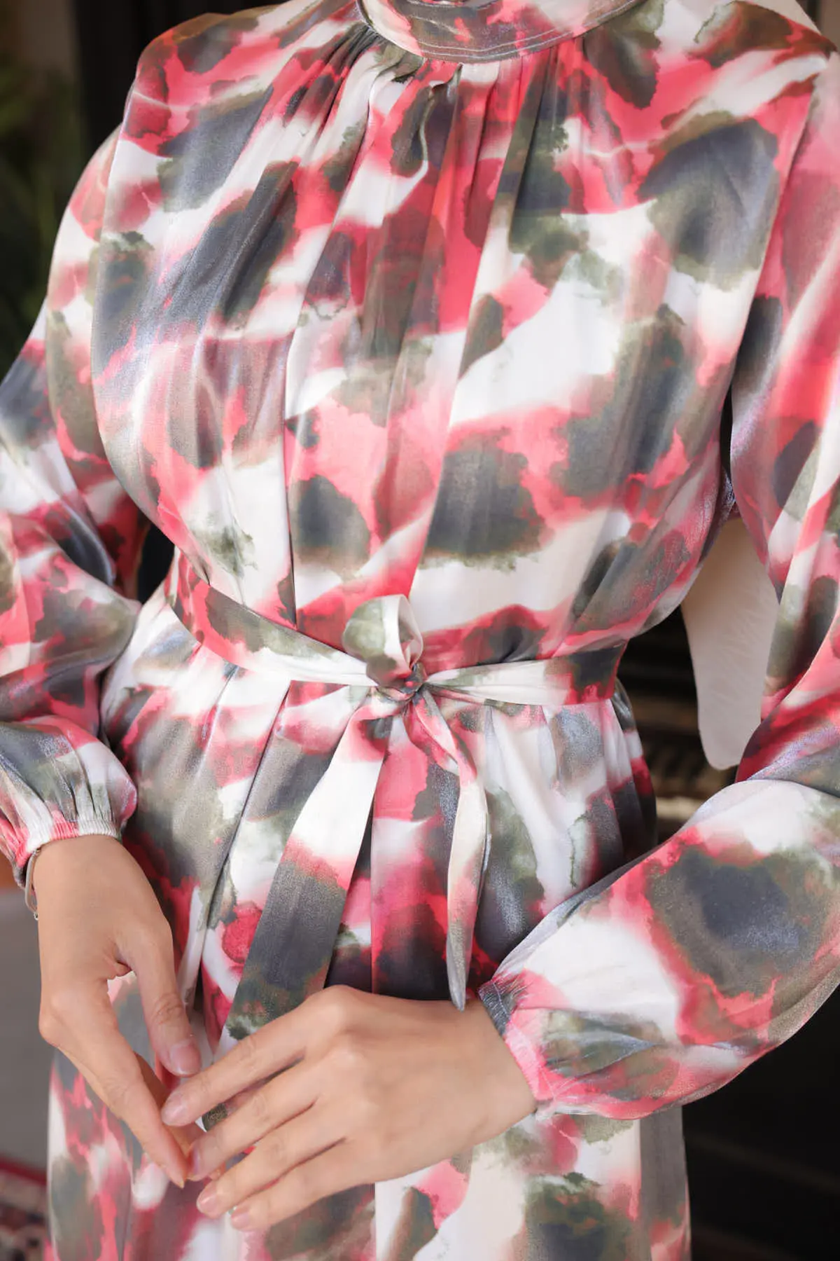 Patterned Dress With Sash Detail-detail