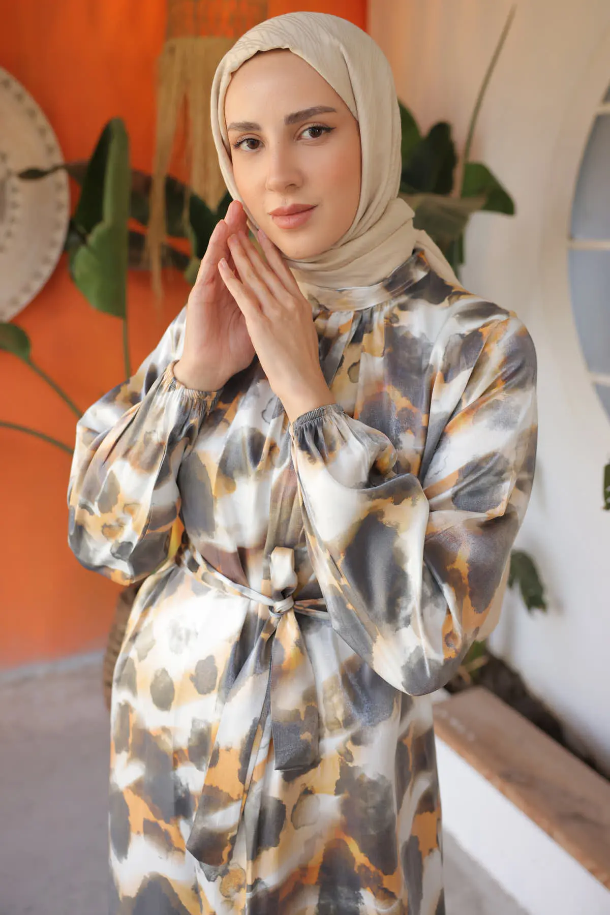 Patterned Dress With Sash Detail-detail