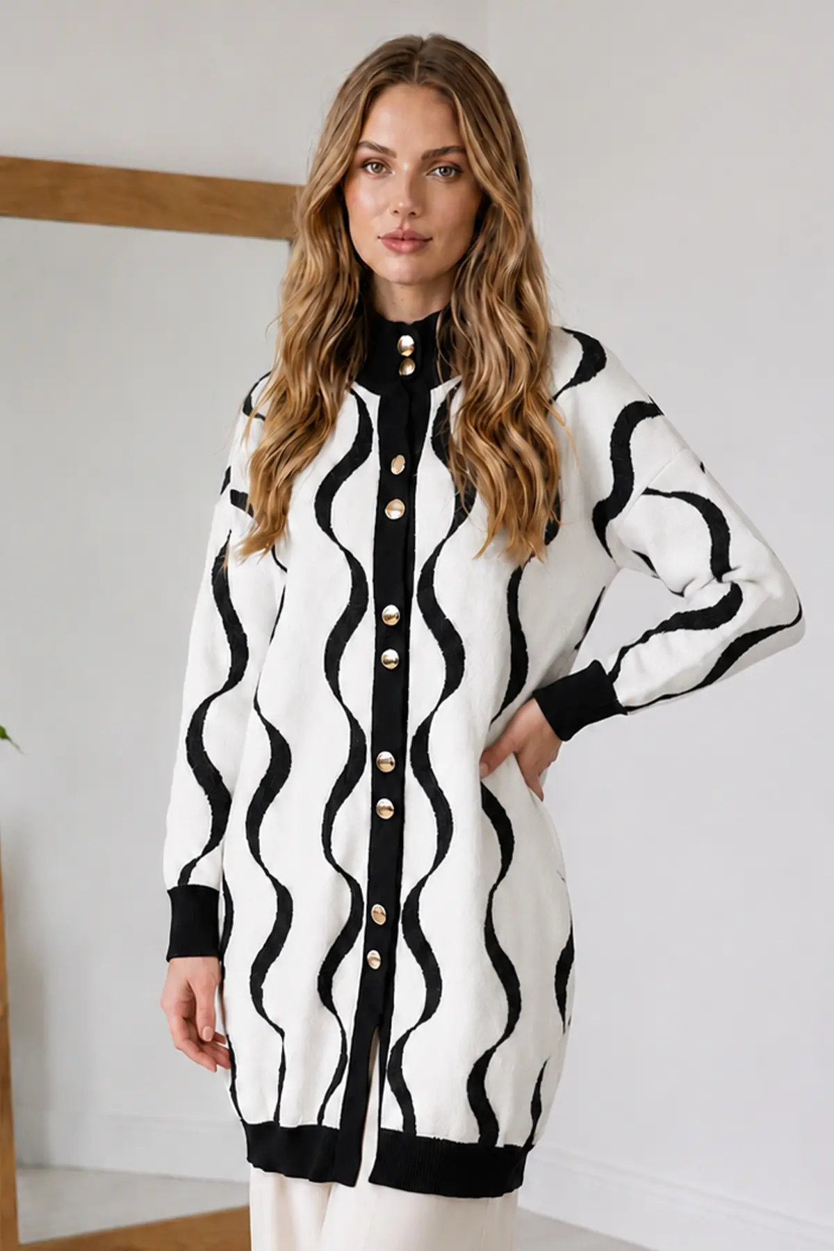 Patterned Eyelash-knit Cardigan N3323 Black-detail