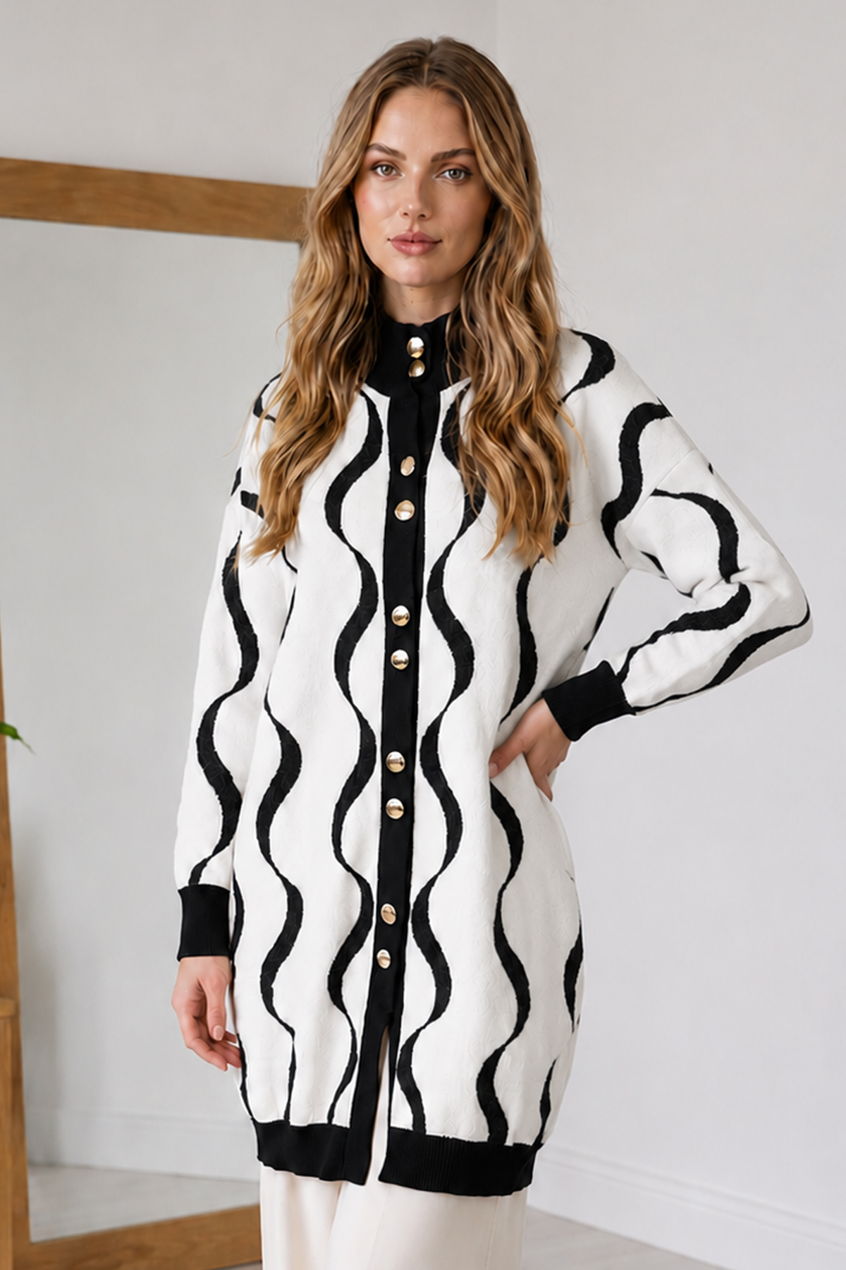 Patterned Eyelash-knit Cardigan N3323 Black
