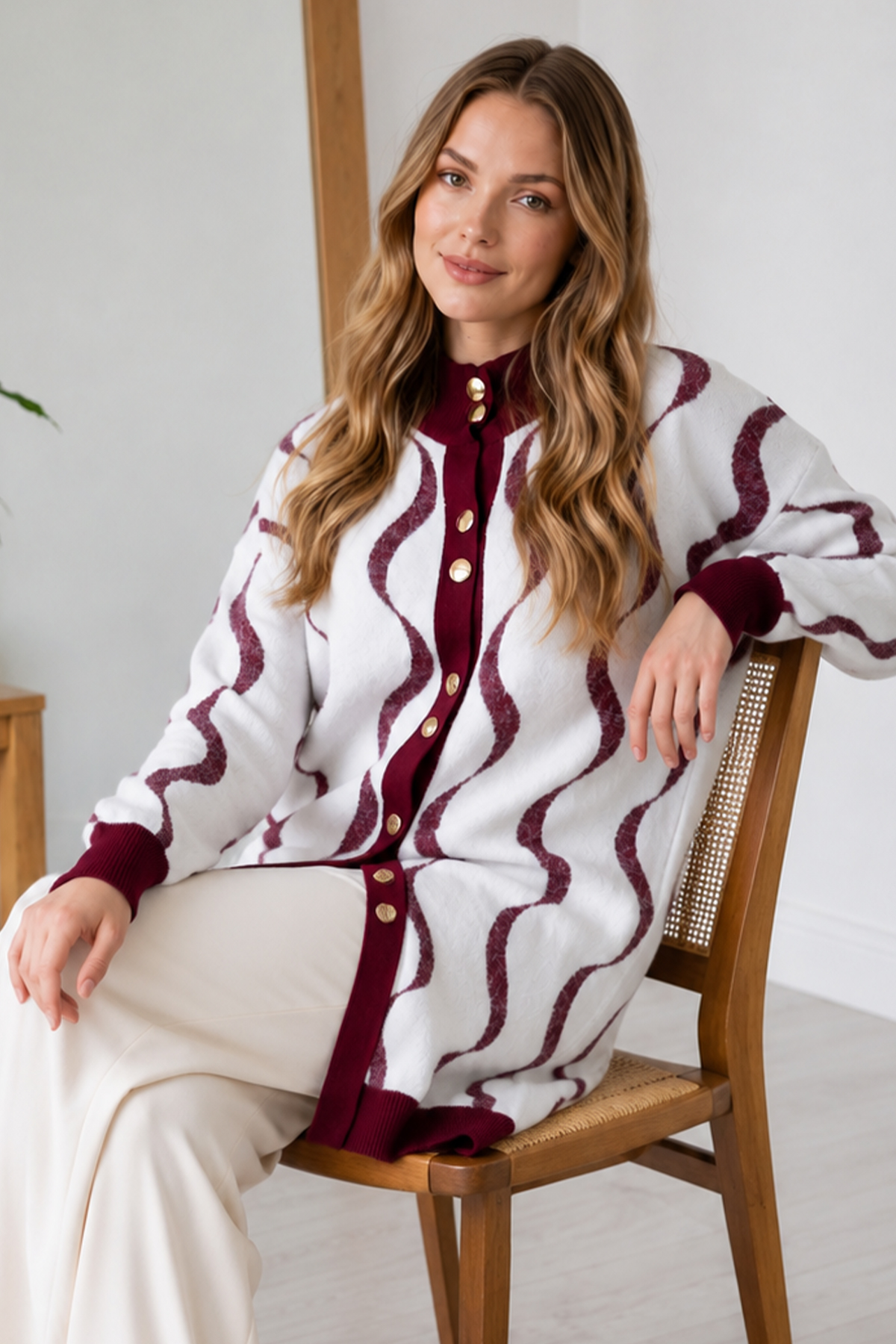 Patterned Eyelash-knit Cardigan N3323 Burgundy