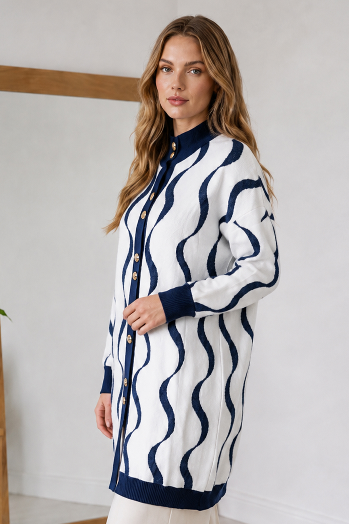 Patterned Eyelash-knit Cardigan N3323 Navy Blue