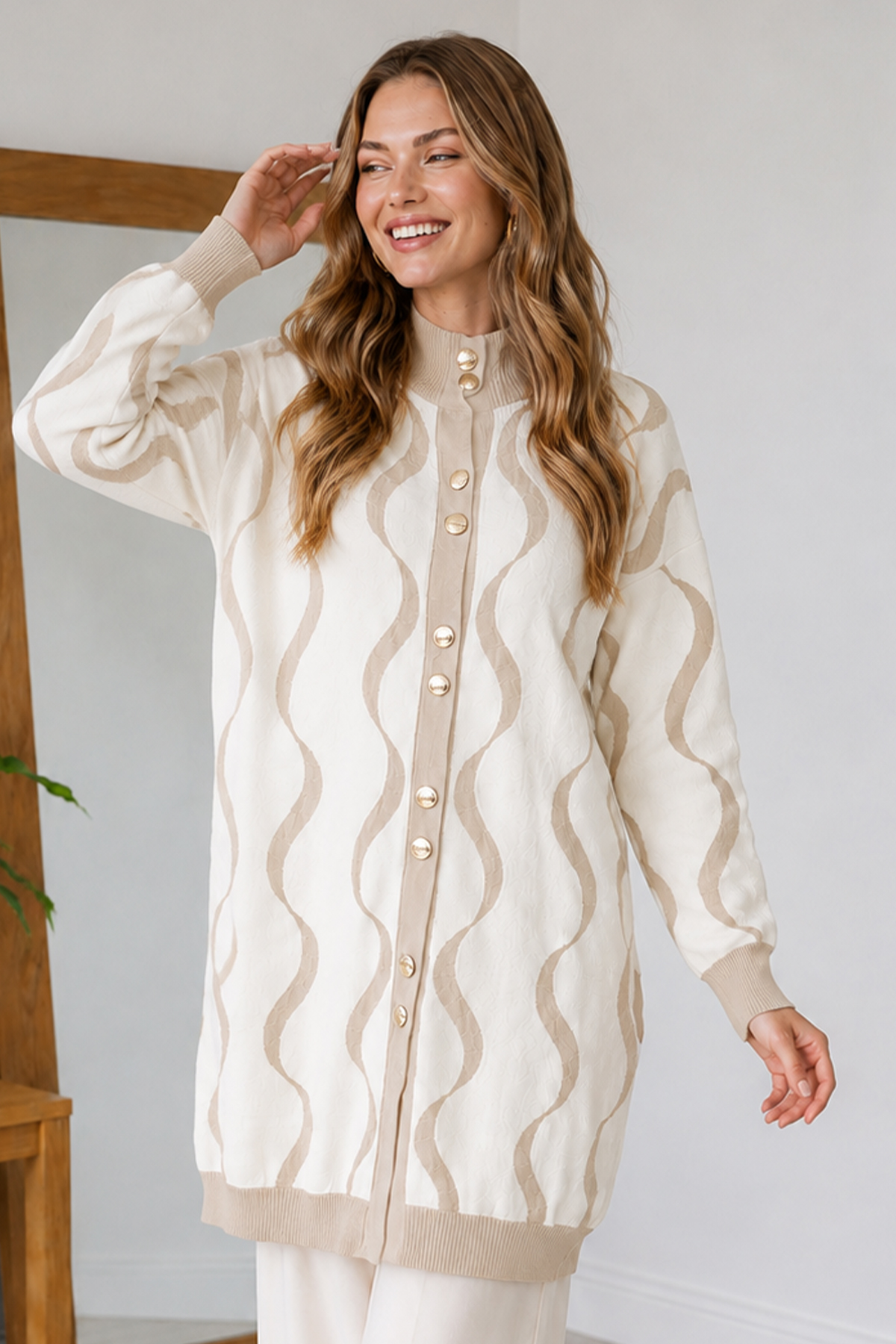 Patterned Eyelash-knit Cardigan N3323 Stone