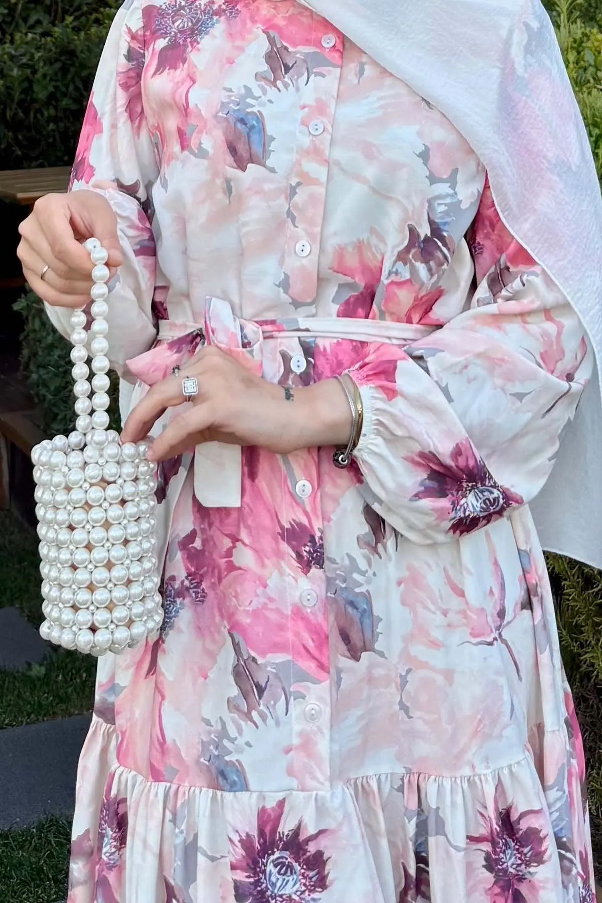 Patterned Hijab Dress Dusty Rose-detail