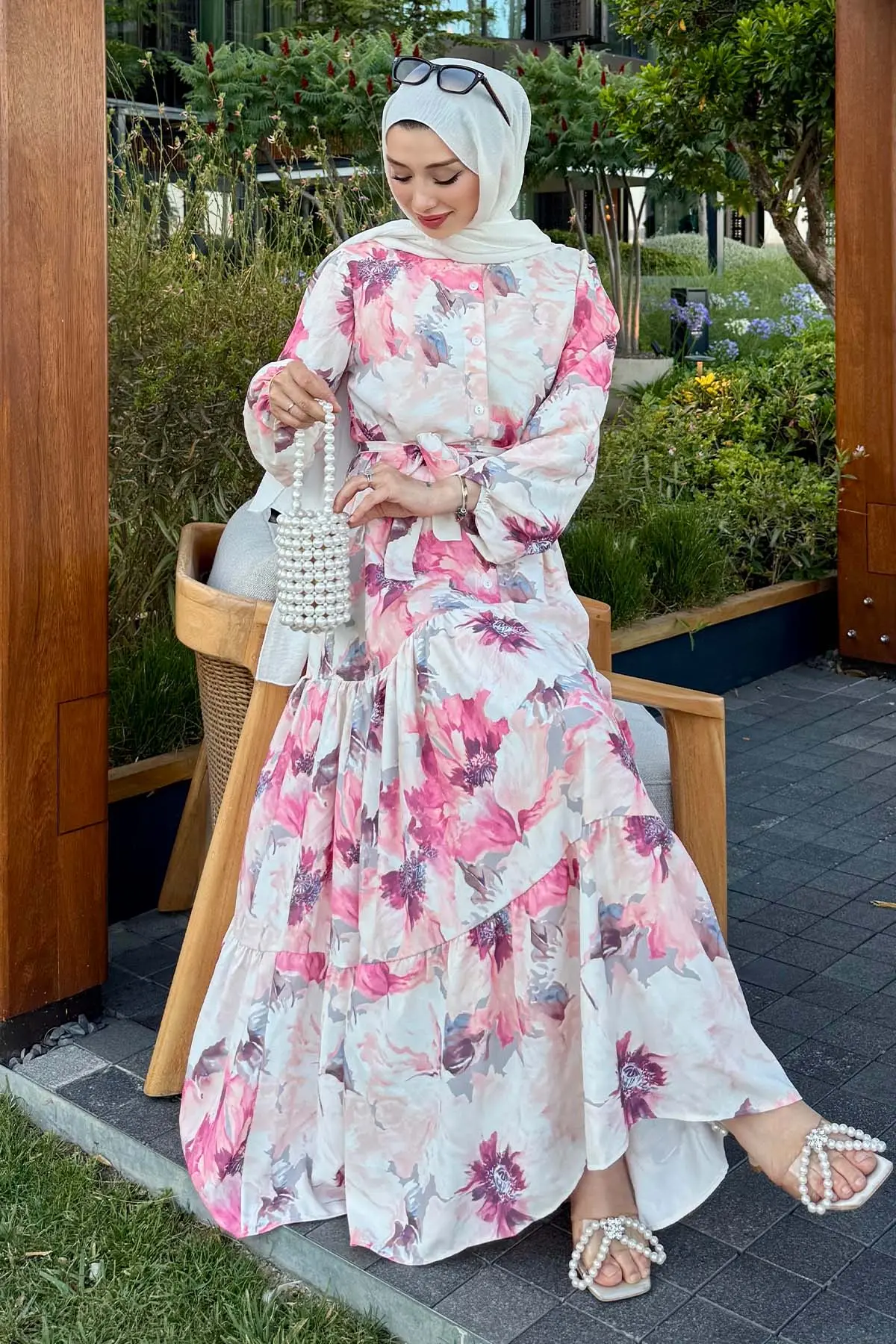 Patterned Hijab Dress Dusty Rose-detail