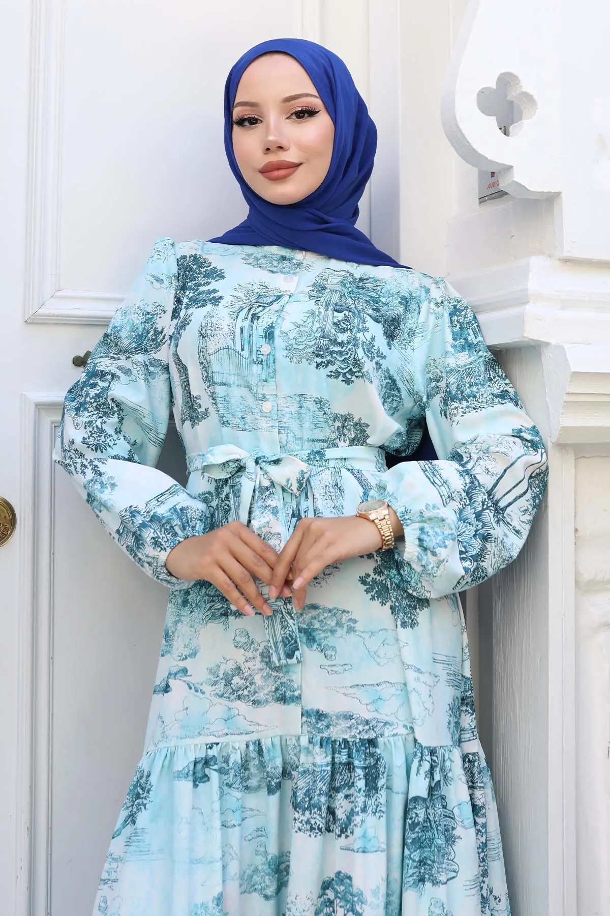 Patterned Hijab Dress Turquoise-detail