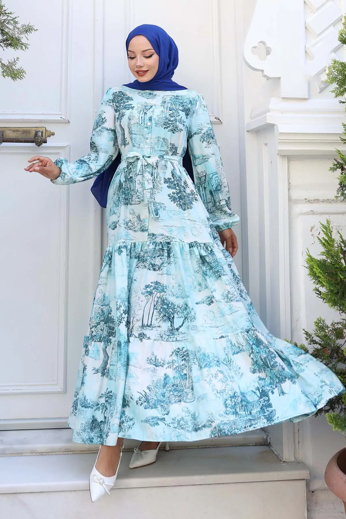 Patterned Hijab Dress Turquoise-detail