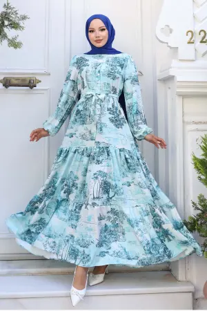 Patterned Hijab Dress Turquoise