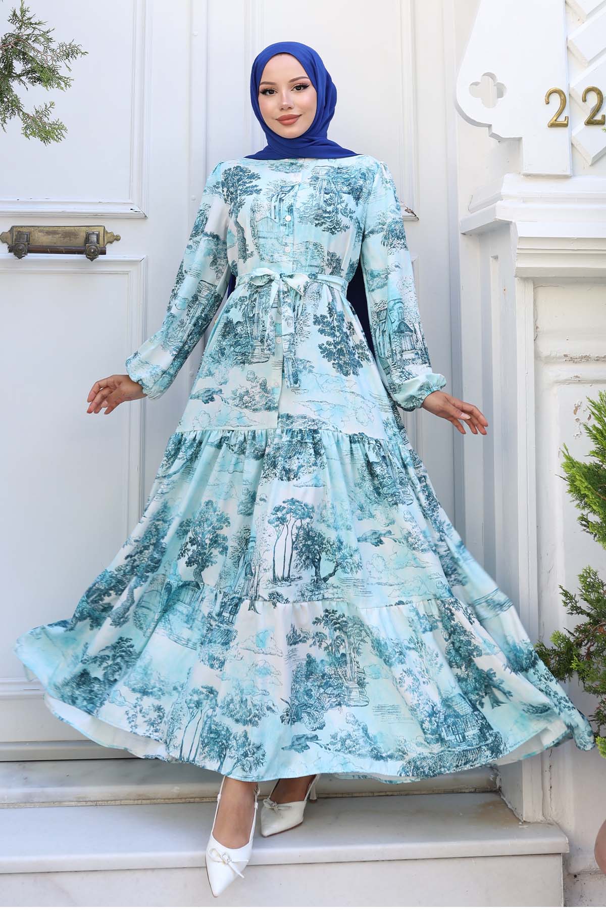 Patterned Hijab Dress Turquoise