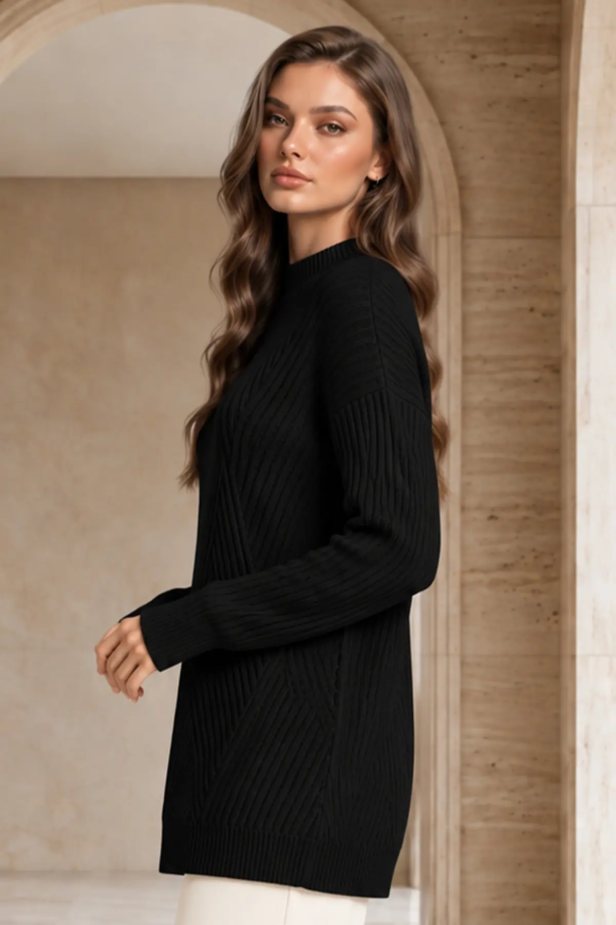 Patterned Knit Sweater K6030 Black-detail