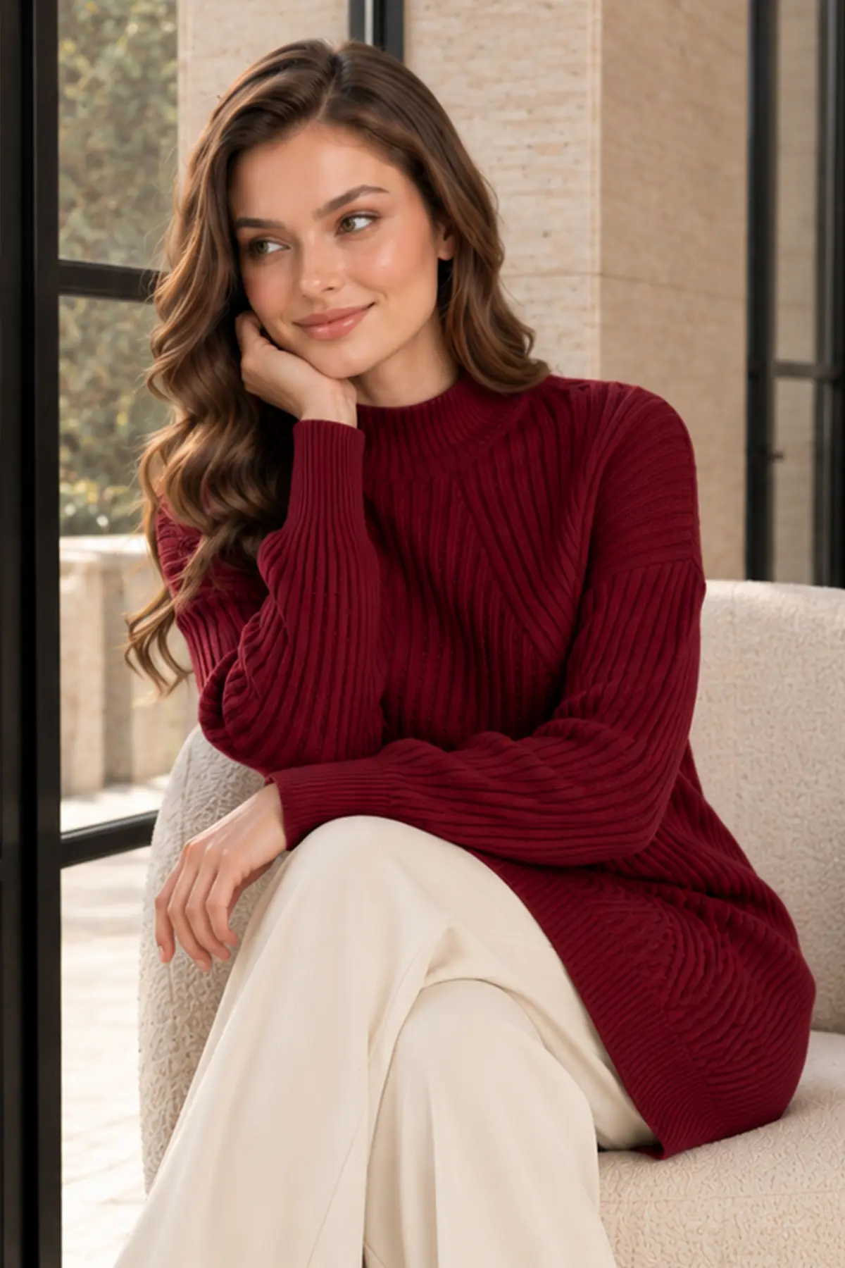 Patterned Knit Sweater K6030 Burgundy-detail
