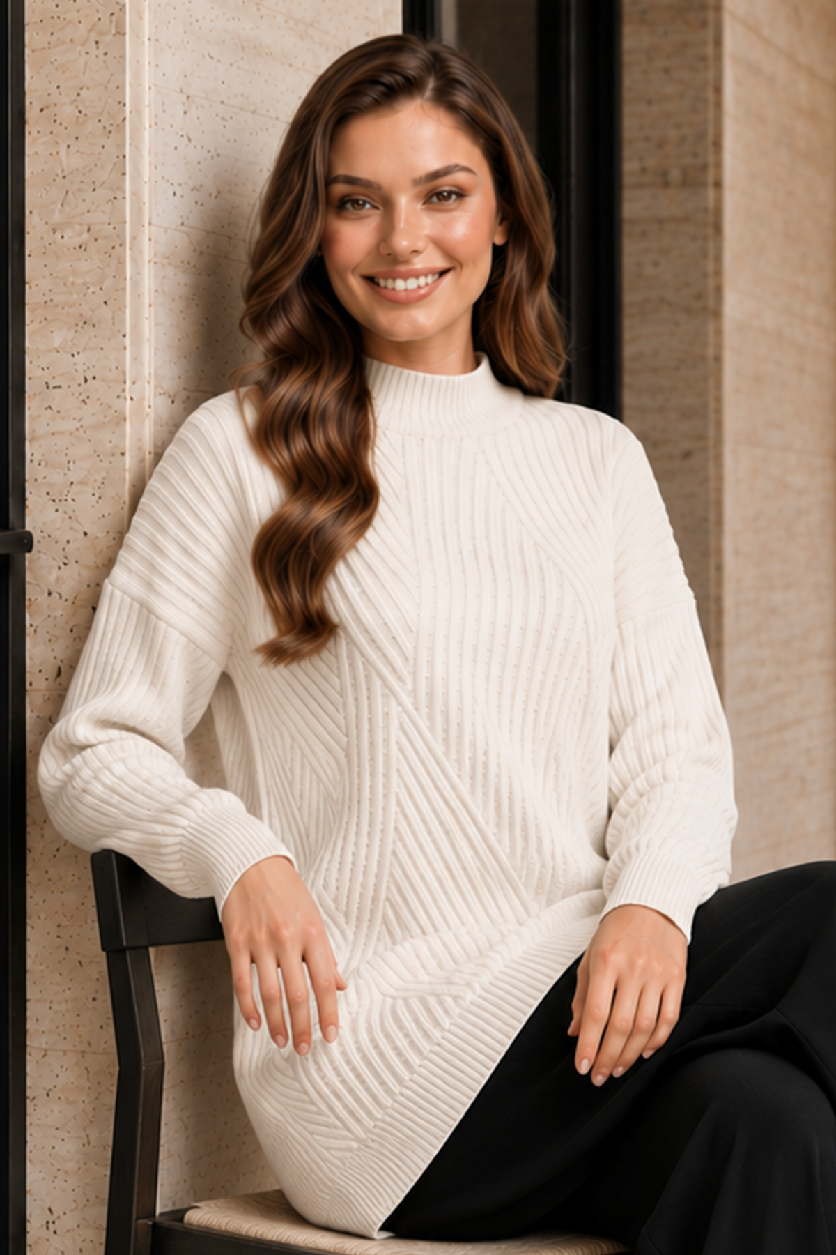Patterned Knit Sweater K6030 Ecru